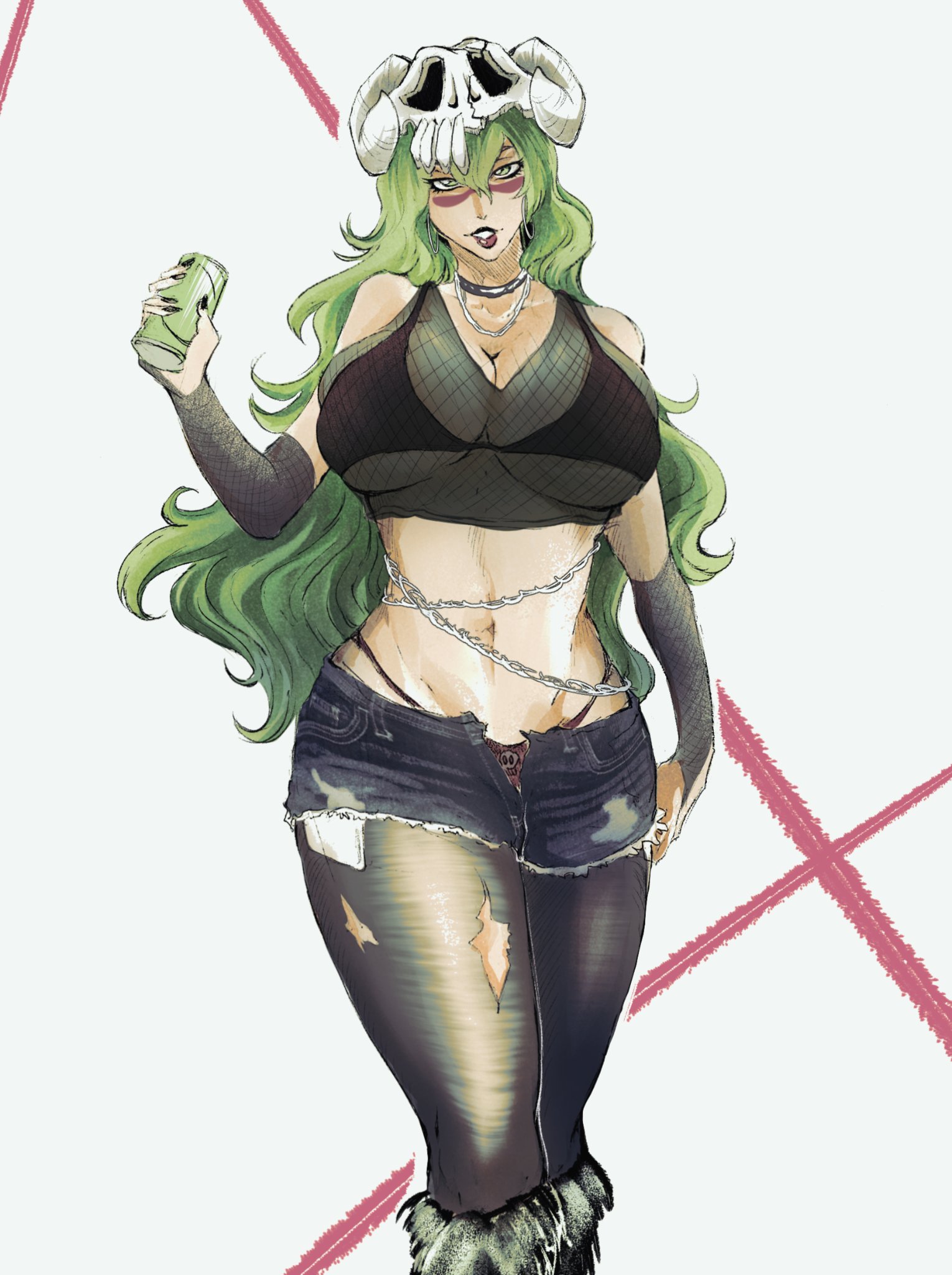 veeepawoon, nelliel tu odelschwanck, bleach, highres, 1girl, arrancar, breasts, denim, denim shorts, facial mark, fishnets, green hair, large breasts, mask, pantyhose, shorts, skull, skull-shaped hat, skull mask, skull on head, solo, striped clothes, torn clothes, torn pantyhose