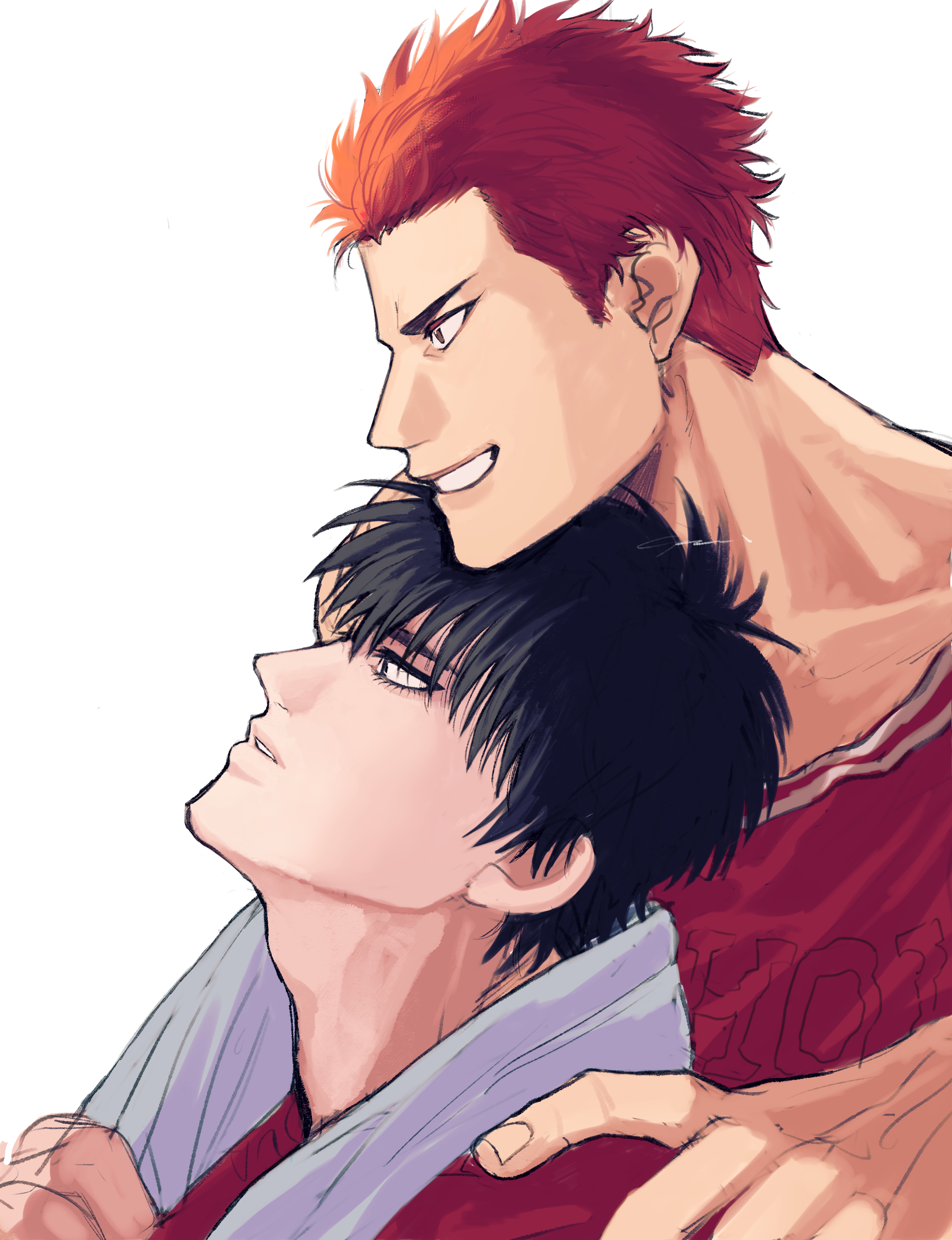 a nzi end, rukawa kaede, sakuragi hanamichi, slam dunk (series), absurdres, commentary request, highres, 2boys, adam's apple, basketball uniform, black hair, grin, looking ahead, male focus, multiple boys, orange hair, short hair, sideburns, simple background, smile, sportswear, towel, towel around neck, upper body, white background, yaoi