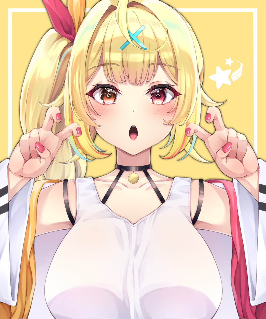 poohkawa 77, hoshikawa sara, hoshikawa sara (1st costume), nijisanji, commentary request, highres, 1girl, blonde hair, blue streaks, blush, breasts, hair ornament, heterochromia, jacket, large breasts, looking at viewer, multicolored hair, nail polish, open mouth, red eyes, red nails, red streaks, shirt, side ponytail, sleeveless, sleeveless shirt, solo, star (symbol), star in eye, straight-on, streaked hair, symbol in eye, virtual youtuber, white jacket, white shirt, x hair ornament, yellow background, yellow eyes