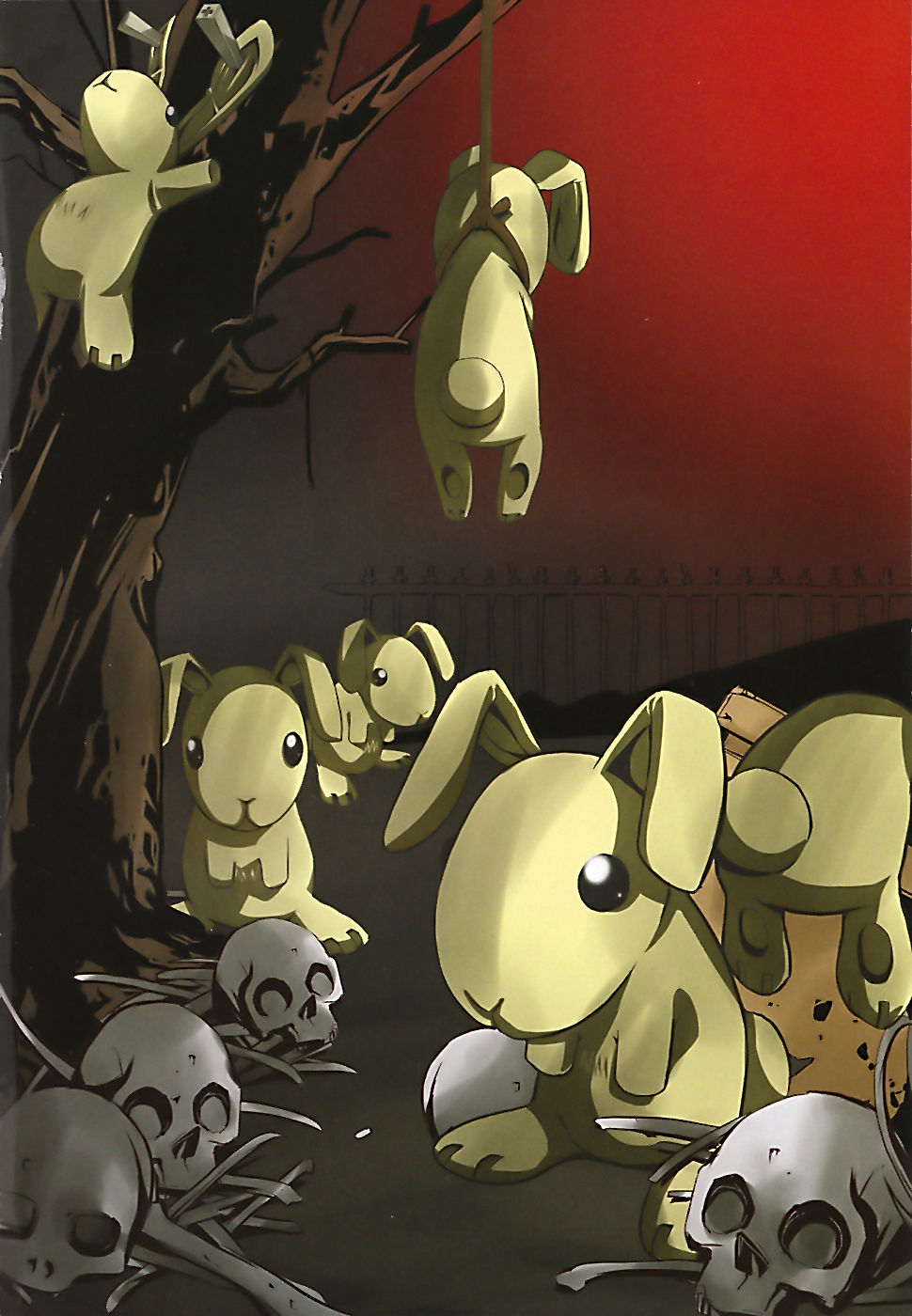 highres, asphyxiation, bone, corpse, dark background, dead tree, death, doubt, hanged, impaled, looking at viewer, noose, rabbit, railing, red background, rope, skull, stuffed animal, stuffed rabbit, stuffed toy, tree