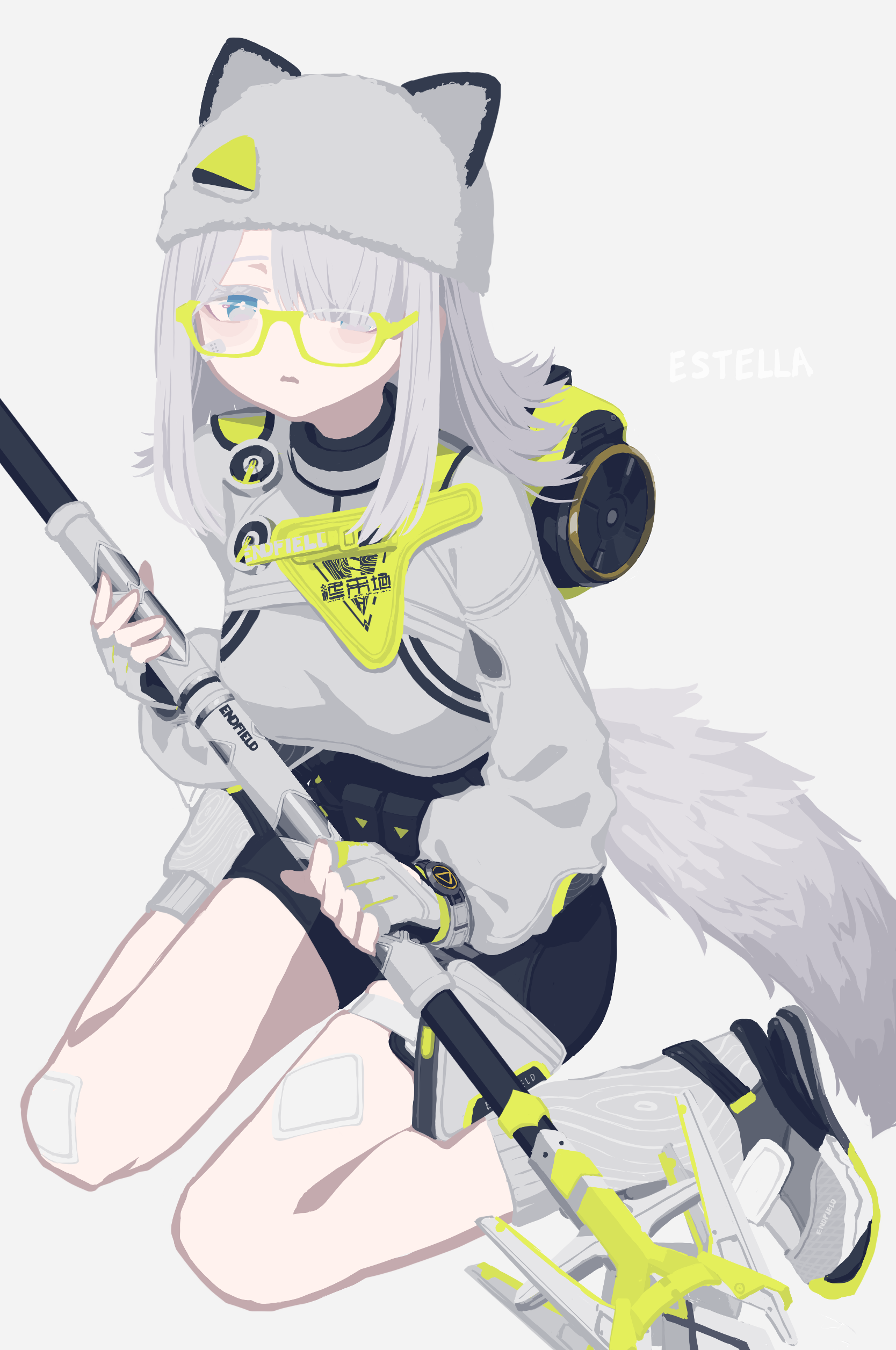 papaia (quentingqoo), estella (arknights), arknights, absurdres, commentary, highres, 1girl, animal ears, bespectacled, black shirt, black shorts, blue eyes, breasts, bright pupils, cat ears, cat girl, cat tail, crop top, ears through headwear, elevation contour lines, glasses, grey hair, hair over one eye, holding, holding polearm, holding weapon, leg warmers, looking at viewer, medium breasts, no lineart, parted lips, polearm, shirt, shorts, simple background, solo, tail, undershirt, watch, weapon, white background, white leg warmers, white pupils, white shirt, wristwatch