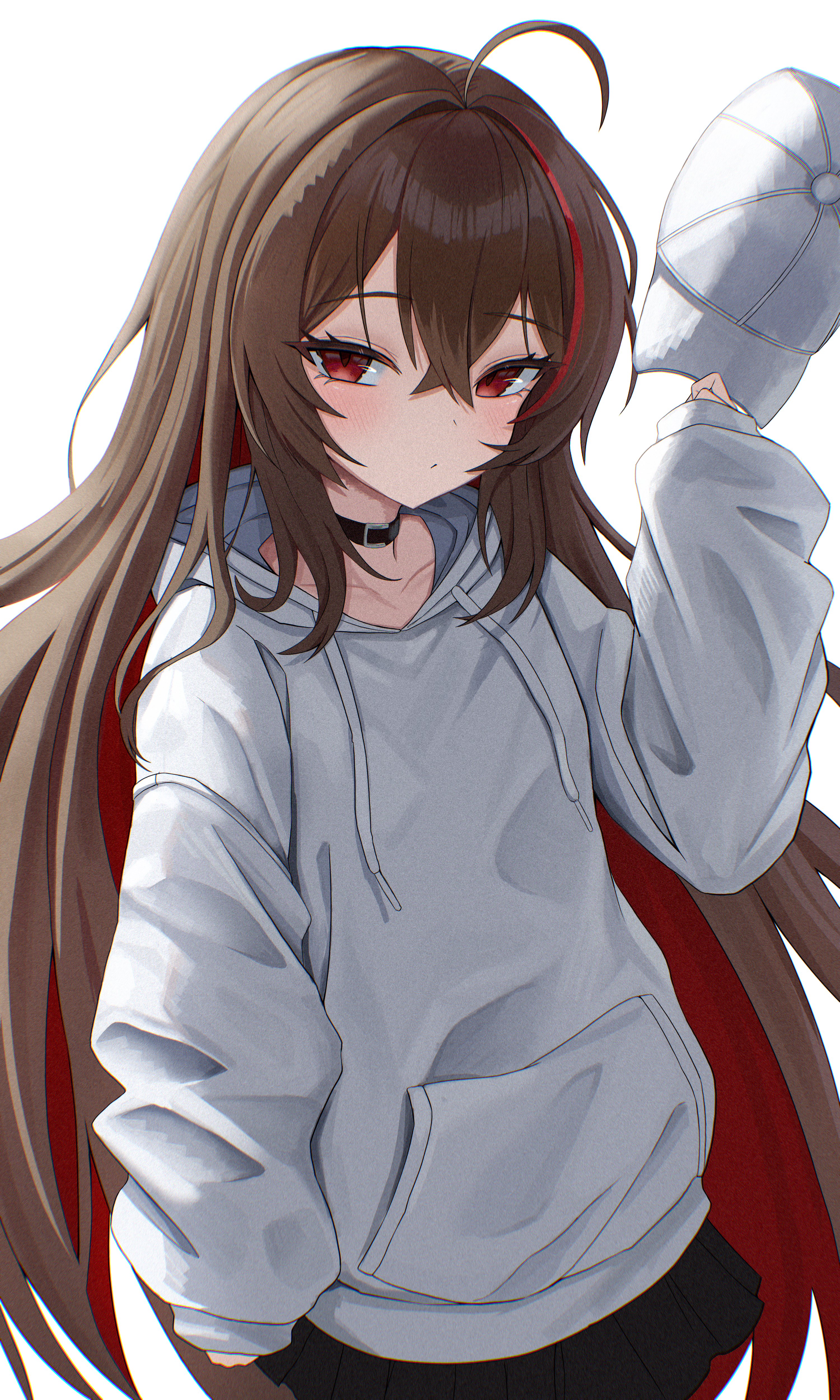 zzirit6, original, absurdres, commentary, commission, highres, 1girl, ahoge, black collar, black skirt, blush, brown hair, closed mouth, collar, collarbone, colored inner hair, crossed bangs, hand up, hat, holding, holding unworn clothes, holding unworn hat, hood, hood down, hoodie, long hair, long sleeves, looking at viewer, multicolored hair, red eyes, red hair, simple background, skirt, solo, two-tone hair, unworn hat, unworn headwear, upper body, white background, white hat, white hoodie