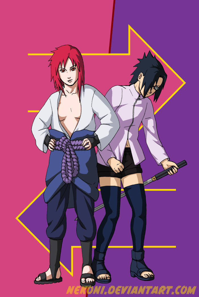 nekoni, karin (naruto), uchiha sasuke, naruto (series), naruto shippuuden, 1boy, 1girl, bespectacled, black eyes, black hair, breasts, breasts apart, cosplay, costume switch, crossdressing, glasses, karin (naruto) (cosplay), no bra, open clothes, open shirt, red eyes, red hair, shirt, short hair, uchiha sasuke (cosplay), weapon