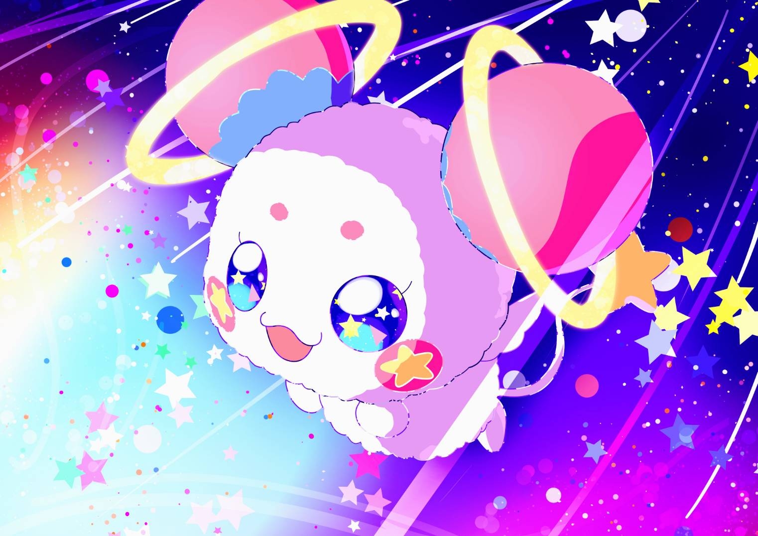 omega takai, fuwa (precure), precure, star twinkle precure, commentary request, :3, blue eyes, bright pupils, closed mouth, full body, looking ahead, no humans, open mouth, solo, star (symbol), white pupils