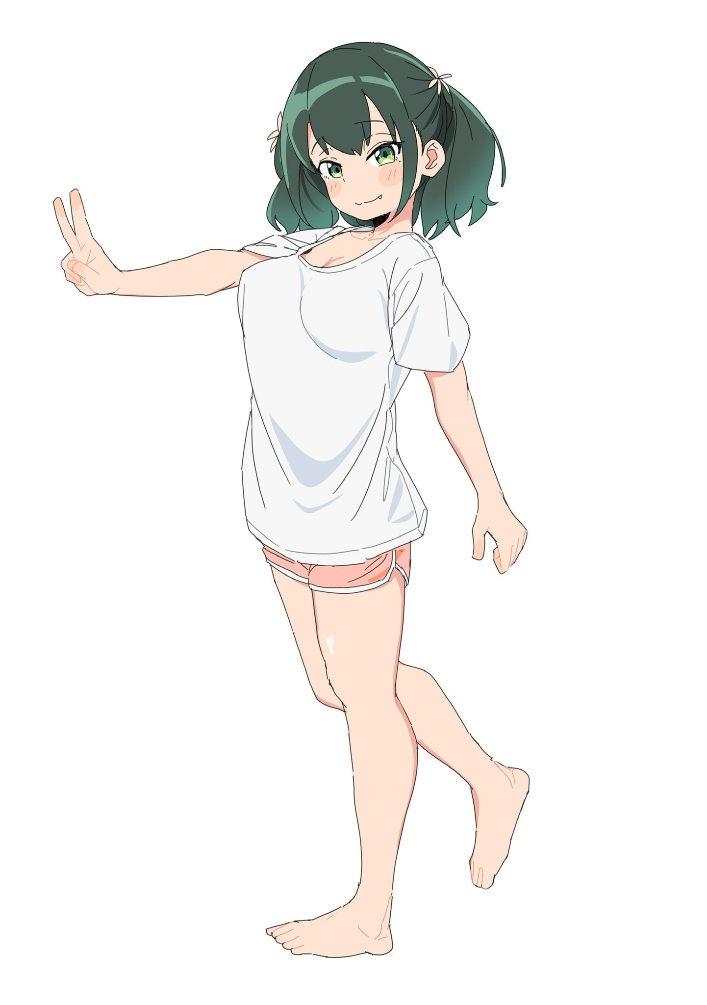 4uys, ruriha rura, bad girl (manga), commentary request, highres, 1girl, bare arms, bare legs, barefoot, blush stickers, breasts, cleavage, closed mouth, collarbone, double-parted bangs, fang, full body, green eyes, green hair, large breasts, looking at viewer, medium hair, outstretched arm, pink shorts, shirt, short shorts, short sleeves, shorts, sidelocks, simple background, smile, solo, standing, standing on one leg, t-shirt, two side up, v, white background, white shirt