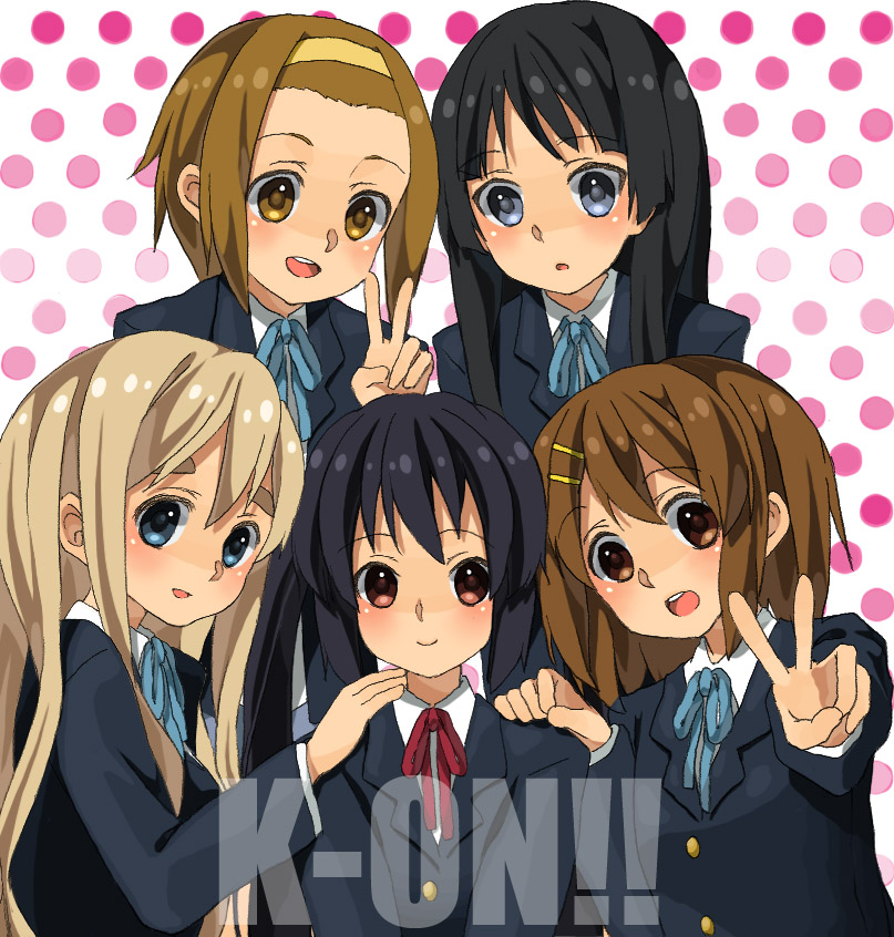jenny (je2live), akiyama mio, hirasawa yui, kotobuki tsumugi, nakano azusa, tainaka ritsu, k-on!, bad id, bad pixiv id, 5girls, black eyes, black hair, blonde hair, blue eyes, brown eyes, brown hair, hairband, ho-kago tea time, long hair, multiple girls, neck ribbon, red ribbon, ribbon, school uniform, short hair, twintails, v