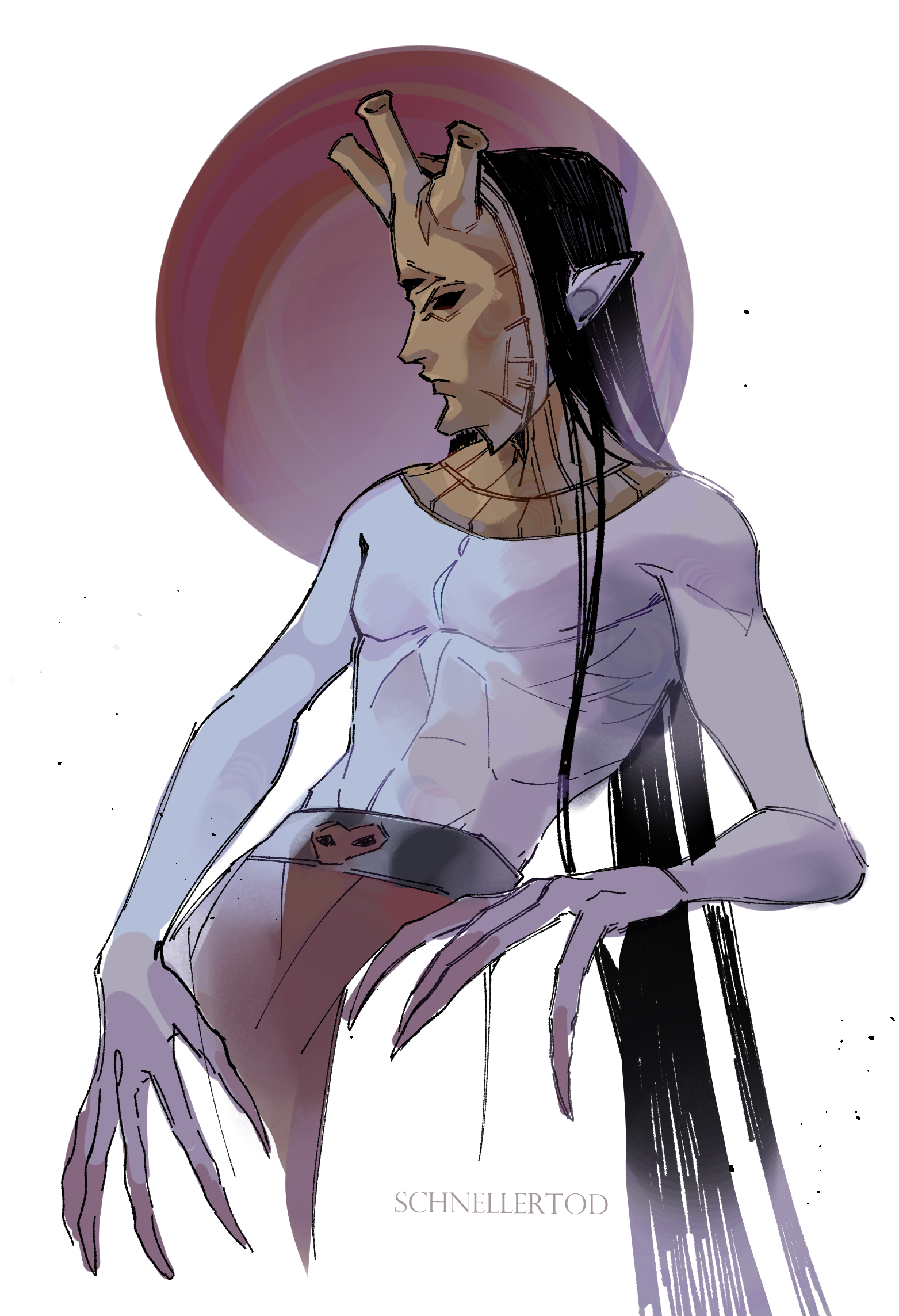 schneller tod, dagoth ur, the elder scrolls, the elder scrolls iii: morrowind, commentary, english commentary, highres, 1boy, artist name, belt, black belt, black hair, claws, colored skin, cowboy shot, dagoth ur's mask, dunmer, fingernails, gold necklace, grey skin, jewelry, long fingernails, long hair, male focus, mask, necklace, pointy ears, red background, red loincloth, third eye, topless male, very long hair, white background