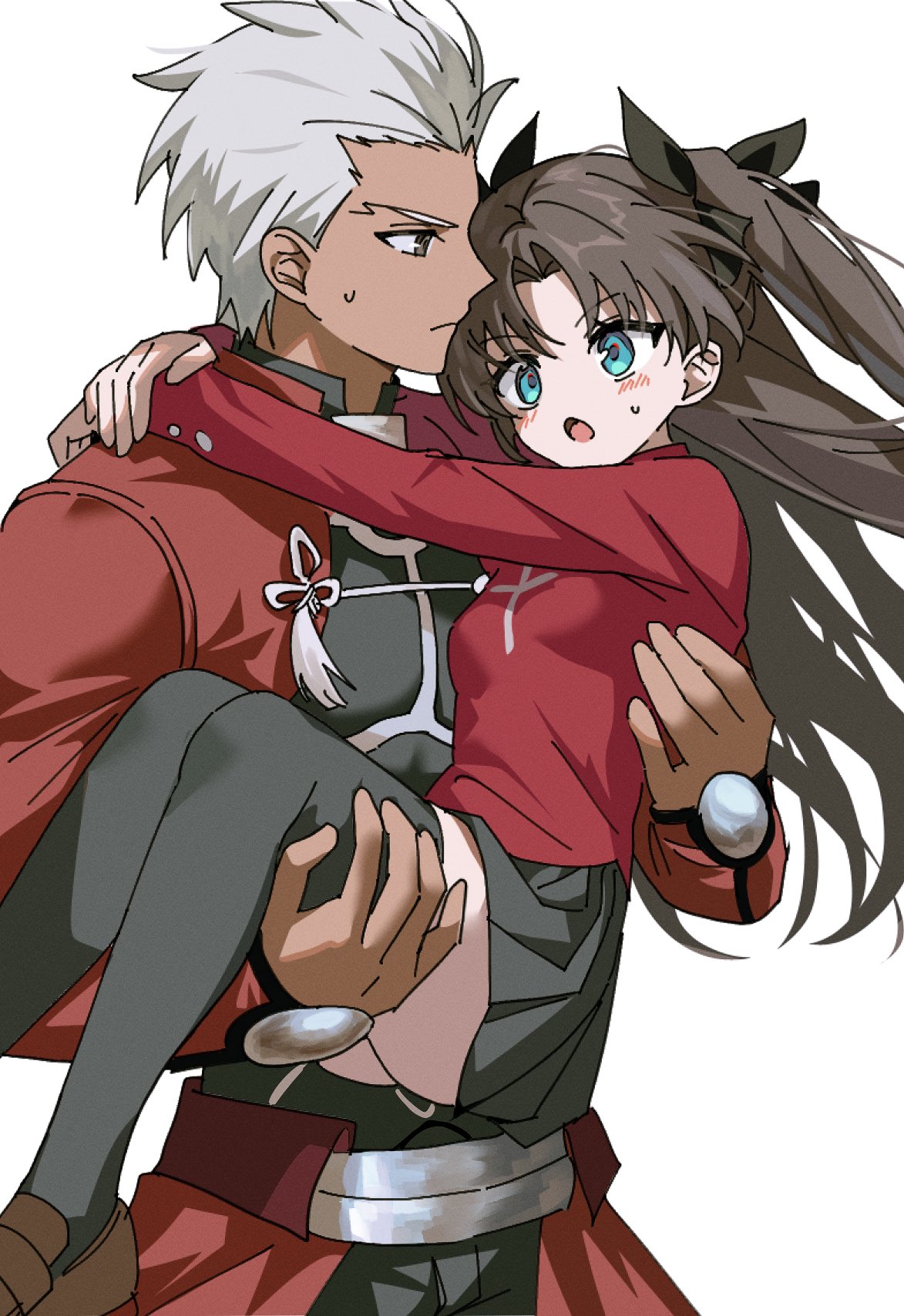 syst098, emiya shirou, tohsaka rin, fate/stay night, fate (series), character request, commentary request, copyright request, highres, korean commentary, 1boy, 1girl, black skirt, black thighhighs, brown hair, carrying, green eyes, grey hair, long hair, looking at another, princess carry, red shirt, shirt, short hair, simple background, skirt, thighhighs, thighs, twintails, white background