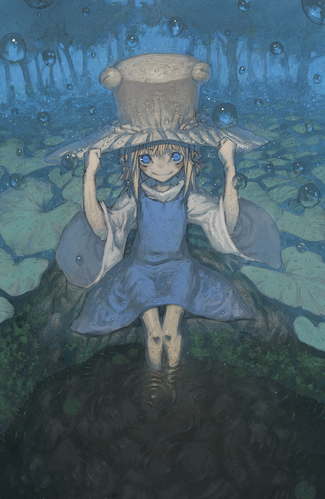 chomoran, moriya suwako, touhou, bad id, bad pixiv id, highres, 1girl, blonde hair, blouse, blue eyes, brown hat, dress, female focus, hat, lily pad, nature, outdoors, pinafore dress, ripples, shirt, short hair, sitting, sleeveless, sleeveless dress, solo, water drop, white shirt