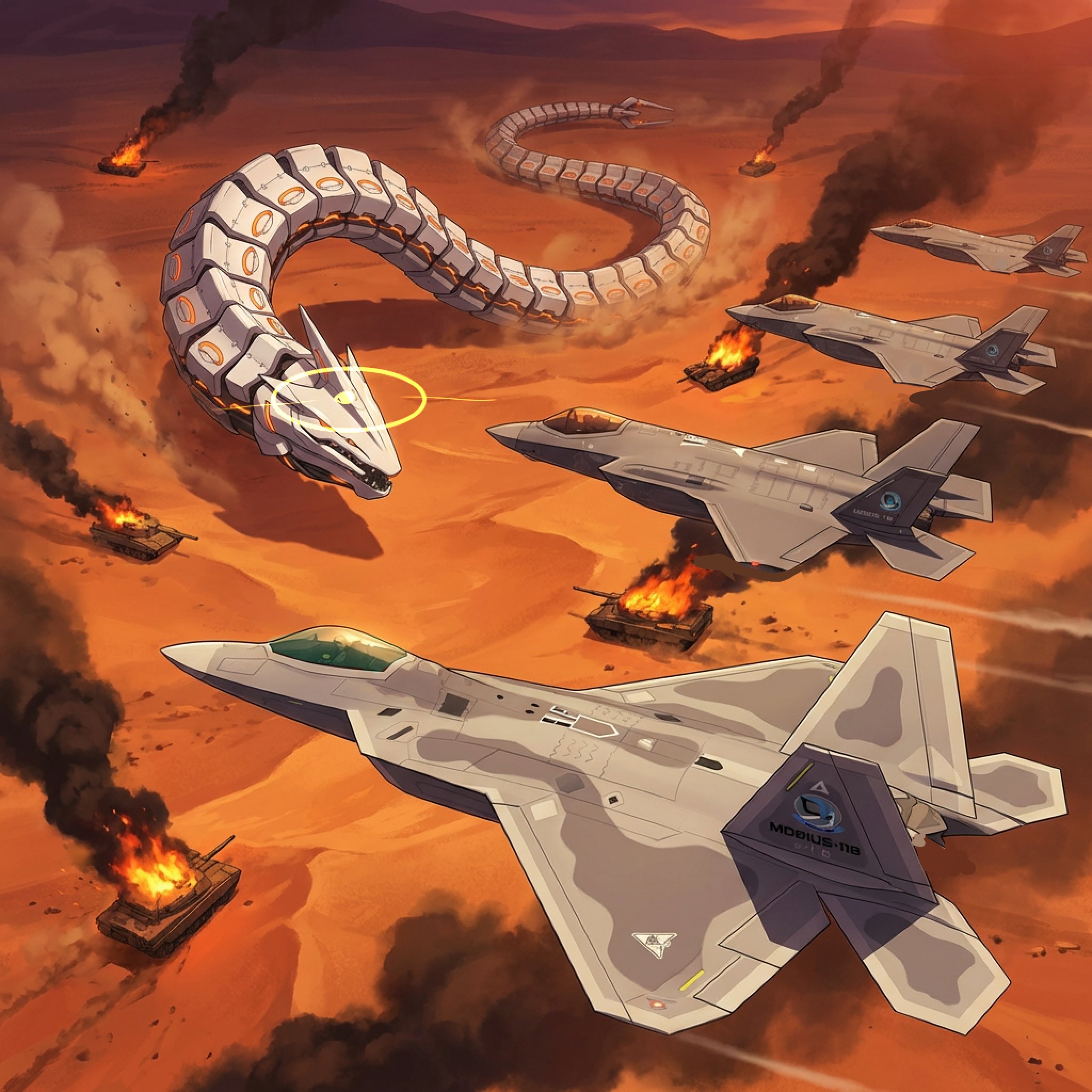 kisaragi shokuin, binah (blue archive), f-35 lightning ii, m1 abrams, mobius 1, ace combat, ace combat 04, ace combat 7, blue archive, commentary request, highres, crossover, decagrammaton (blue archive), desert, destruction, f-22 raptor, halo, military vehicle, motor vehicle, sunset, tank, vehicle focus