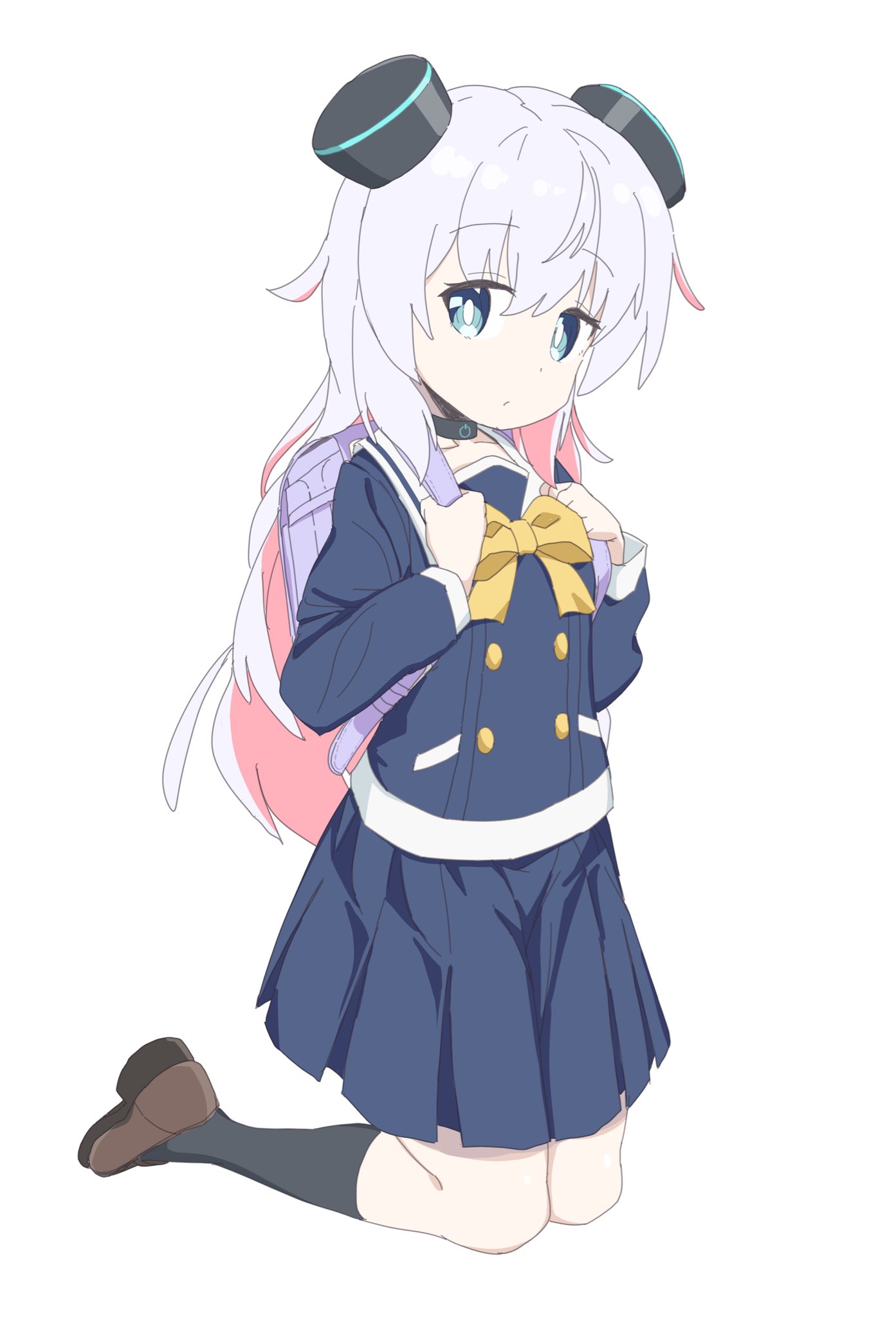 4uys, alma (alma-chan wa kazoku ni naritai), alma-chan wa kazoku ni naritai, commentary request, highres, 1girl, backpack, bag, black choker, black socks, blue eyes, blue skirt, bow, bowtie, brown shoes, buttons, choker, collarbone, colored inner hair, double-breasted, expressionless, full body, hair between eyes, kneehighs, kneeling, loafers, long hair, long sleeves, looking at viewer, multicolored hair, pink hair, pleated skirt, school uniform, shoes, simple background, skirt, socks, solo, white background, white hair, yellow bow, yellow bowtie