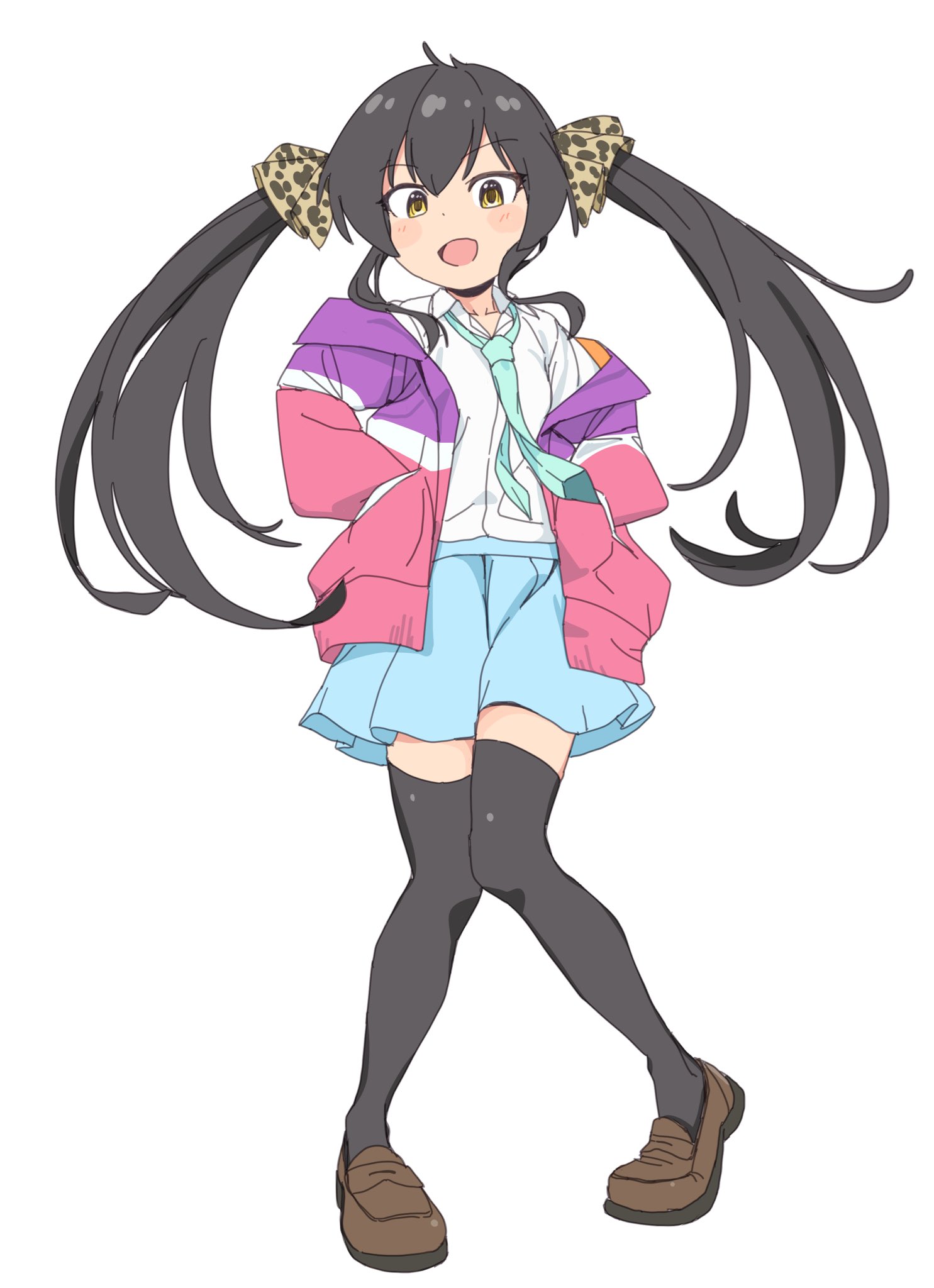 4uys, matoba risa, idolmaster, idolmaster cinderella girls, idolmaster cinderella girls u149, commentary request, highres, 1girl, :d, aqua necktie, black hair, black thighhighs, blue skirt, blush stickers, brown shoes, collarbone, collared shirt, double-parted bangs, full body, hands in pockets, jacket, knees together feet apart, loafers, long hair, looking at viewer, miniskirt, multicolored jacket, necktie, open mouth, pink jacket, pleated skirt, purple jacket, school uniform, shirt, shoes, sidelocks, simple background, skirt, smile, solo, standing, thighhighs, twintails, white background, white shirt, yellow eyes, zettai ryouiki