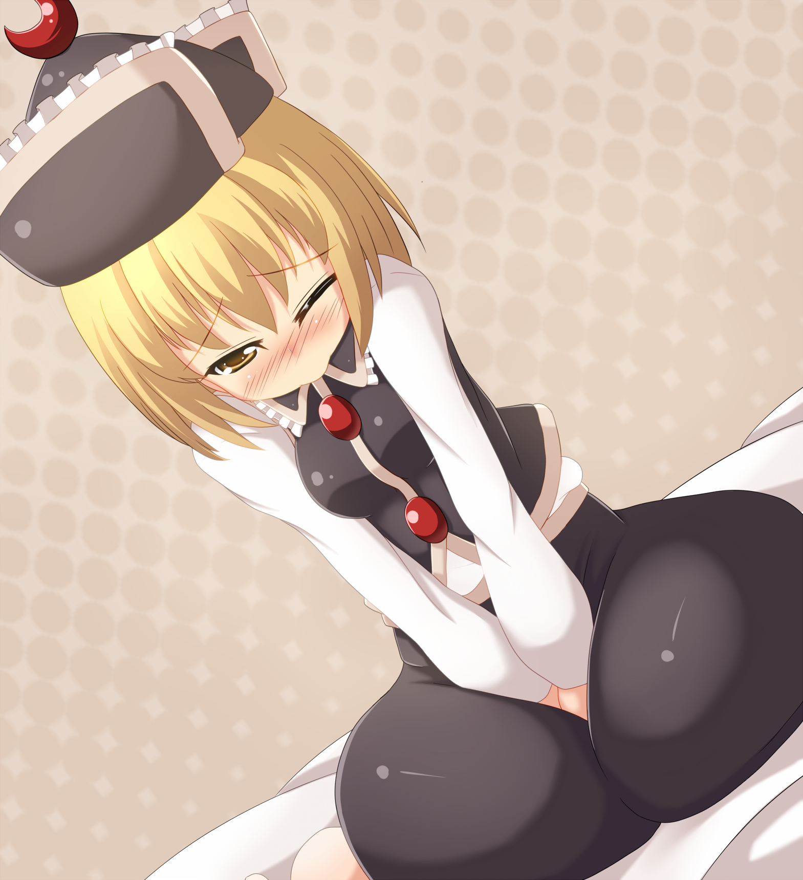 chuuten (clam chowder), lunasa prismriver, touhou, bad id, highres, 1girl, blonde hair, blush, dutch angle, female focus, hat, kneeling, one eye closed, short hair, solo, v arms, wink, yellow eyes