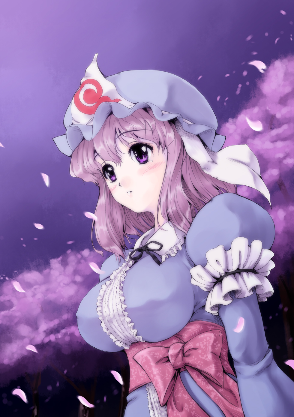 nekohane ryou, saigyouji yuyuko, touhou, highres, 1girl, blue dress, breasts, cherry blossoms, covered erect nipples, dress, dutch angle, female focus, hat, japanese clothes, kimono, large breasts, night, obi, parted lips, petals, pink eyes, pink hair, puffy sleeves, sash, short hair, solo, standing, tears, triangular headpiece, veil, wavy hair