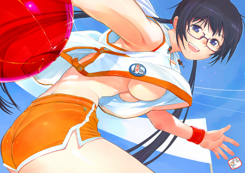 takahashi kenji, miyama ai, sugar+spice!, sugar + spice, bad id, bad pixiv id, 1girl, artist name, ass, ball, beachball, black hair, breasts, female focus, flapper shirt, glasses, large breasts, long hair, no bra, pantylines, running, shirt, shorts, signature, smile, solo, twintails, underboob, upshirt, wristband