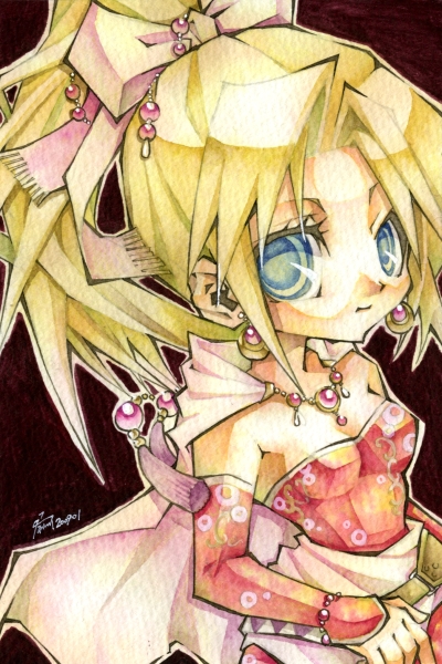 delta (artist), tina branford, final fantasy, final fantasy vi, 1990s (style), 1girl, blonde hair, blue eyes, cape, detached sleeves, earrings, female focus, jewelry, long hair, pink ribbon, ponytail, ribbon, solo