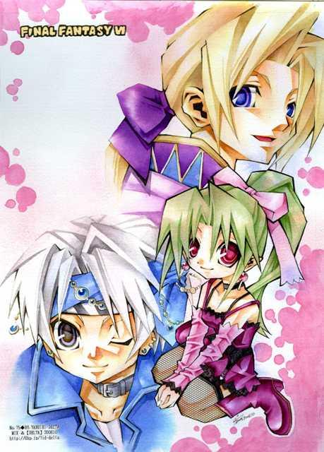 delta (artist), edgar roni figaro, locke cole, tina branford, final fantasy, final fantasy vi, 1990s (style), 1girl, 2boys, black eyes, blonde hair, blue eyes, choker, detached sleeves, earrings, green hair, grey hair, headband, jewelry, long hair, multiple boys, pink ribbon, ponytail, purple ribbon, red eyes, ribbon, short hair, sitting, thighhighs, wink