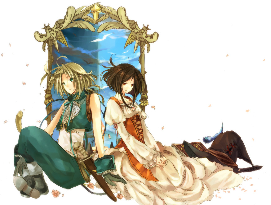 wane, garnet til alexandros xvii, zidane tribal, final fantasy, final fantasy ix, 00s, 1boy, 1girl, bare shoulders, blonde hair, book, brown eyes, brown hair, catsuit, couple, feathers, gloves, green eyes, hat, jewelry, long hair, pendant, sitting, vest, witch hat