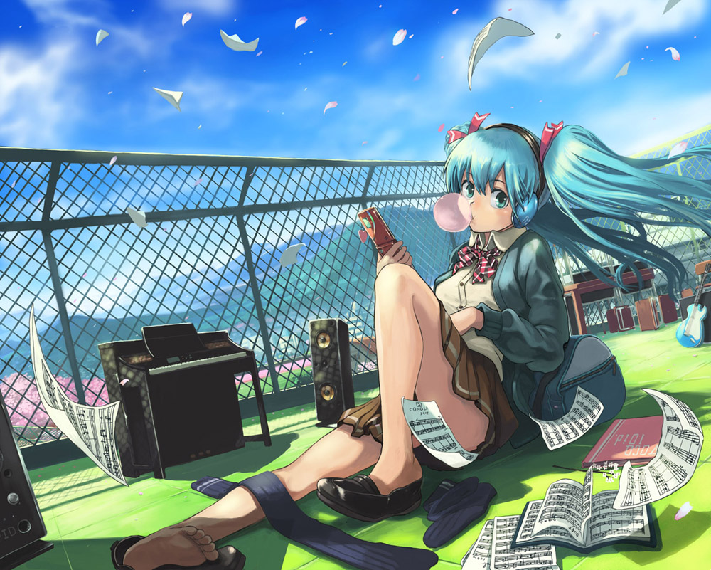 ponzu (catponz), hatsune miku, vocaloid, 1girl, aqua eyes, aqua hair, bare legs, barefoot, beamed quavers, blowing bubble gum, blowing bubbles, blue sky, book, cellphone, chain-link fence, chewing gum, day, digital piano, feet, female focus, fence, floating hair, flying paper, guitar, headphones, instrument, leg up, legs, long hair, long legs, musical note, on floor, paper, petals, phone, piano, scenery, school uniform, sheet music, shoes, single shoe, sitting, skirt, sky, sock pull, socks, soles, solo, speaker, thighs, toes, twintails, wind