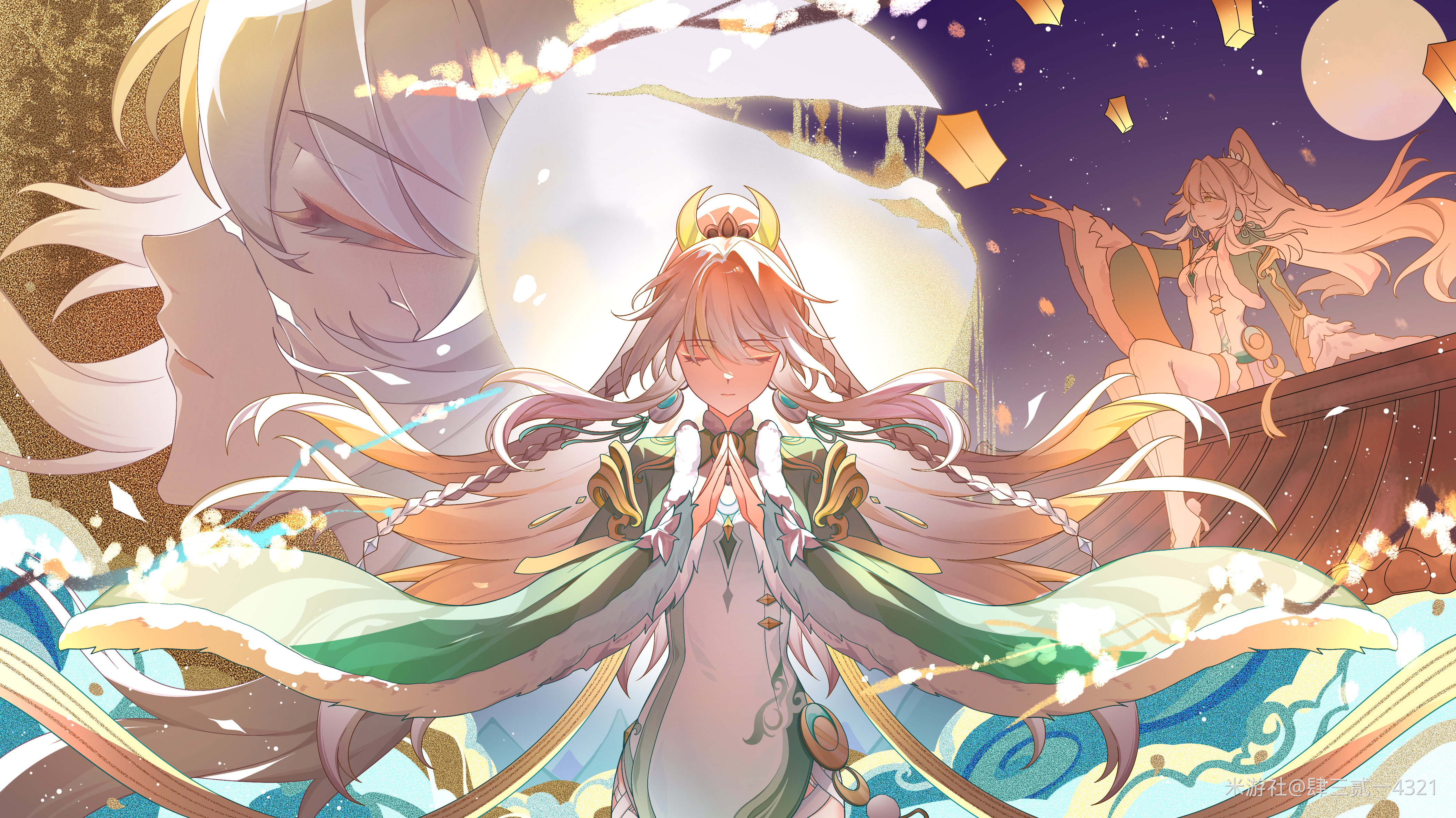 zibai (genshin impact), genshin impact, absurdres, chinese commentary, commentary request, highres, 2girls, blonde hair, braid, chinese clothes, closed eyes, closed mouth, crescent, crescent hair ornament, dress, full moon, hair ornament, high ponytail, holding, instrument, lantern, long hair, long sleeves, miyoushe watermark, moon, multicolored hair, multiple girls, music, own hands together, paper lantern, playing instrument, ponytail, si san er yi 4321, sitting, sky lantern, standing, streaked hair, twin braids, very long hair, watermark, white dress, white hair