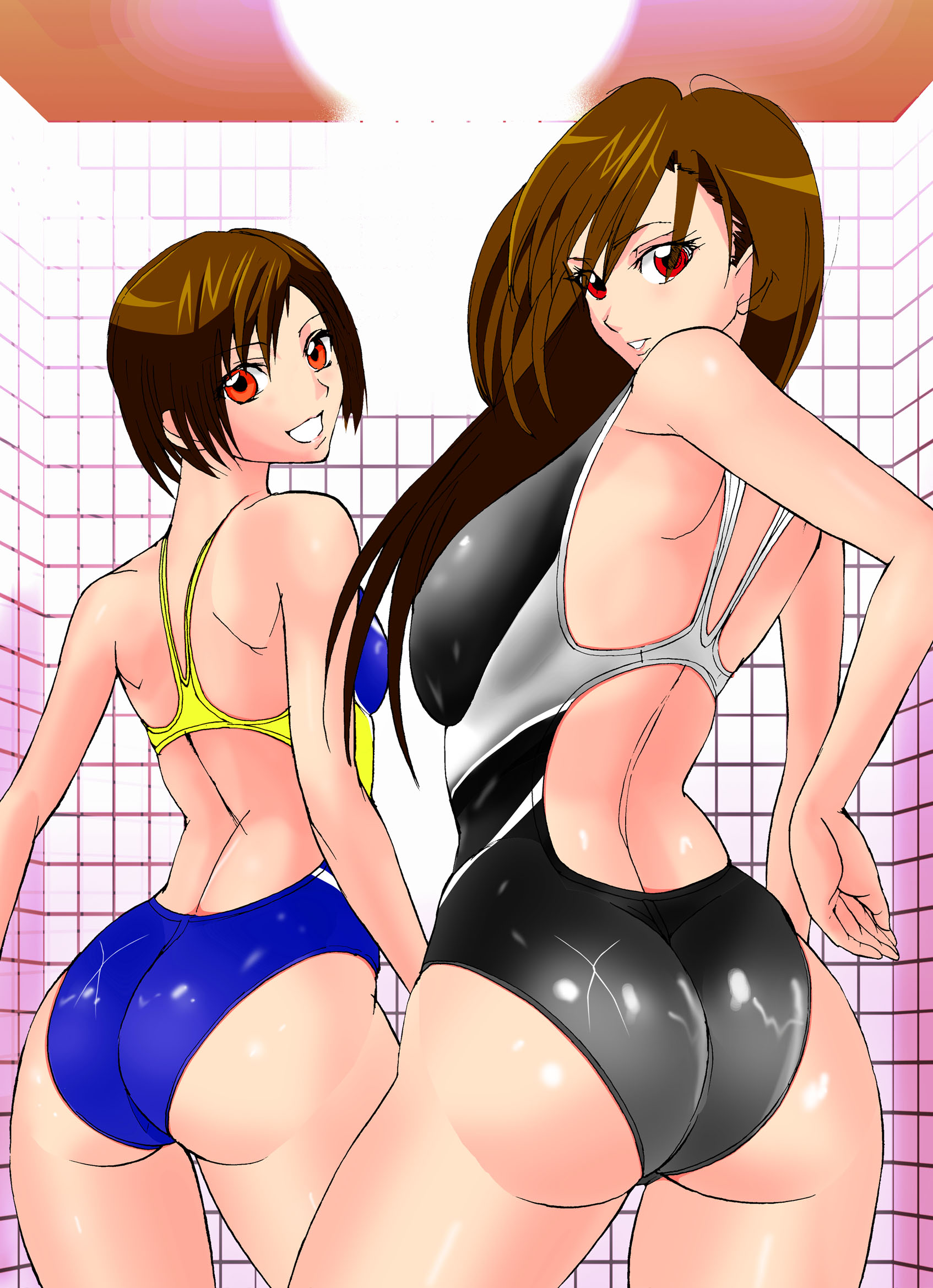 baltoude, tifa lockhart, yuffie kisaragi, final fantasy, final fantasy vii, highres, 1990s (style), 2girls, ass, bare shoulders, brown hair, female focus, grin, long hair, looking back, multiple girls, one-piece swimsuit, orange eyes, red eyes, short hair, smile, swimsuit