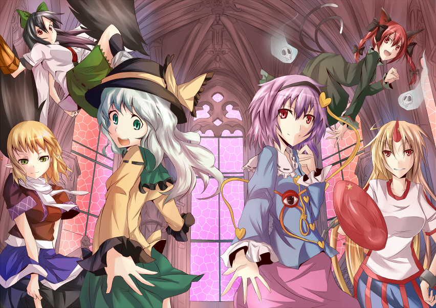 ram hachimin, hoshiguma yuugi, kaenbyou rin, komeiji koishi, komeiji satori, mizuhashi parsee, reiuji utsuho, subterranean animism, touhou, 6+girls, blonde hair, female focus, green eyes, horns, long hair, multiple girls, purple hair, red eyes, ribbon, short hair, single horn, white hair, wings