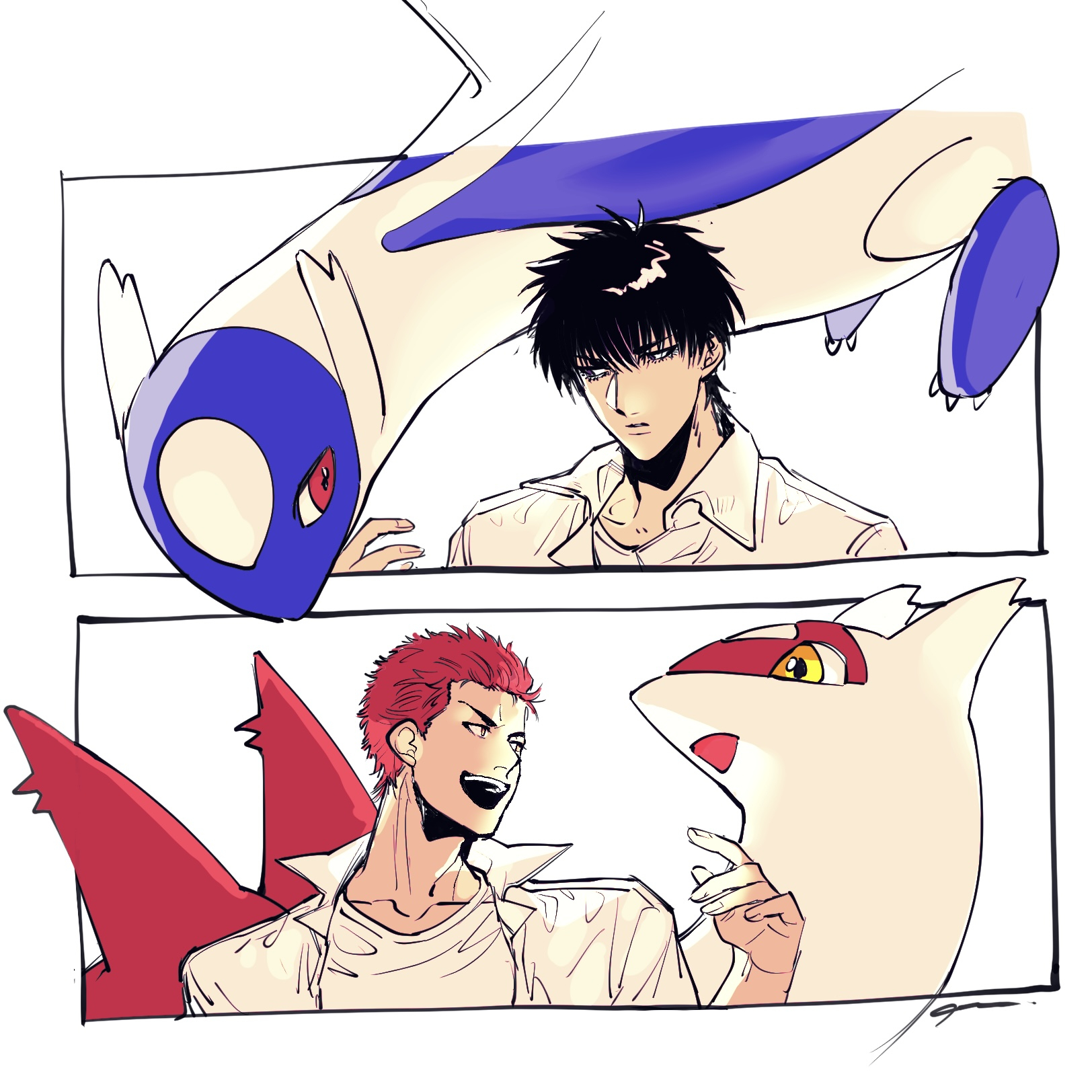 a nzi end, latias, latios, rukawa kaede, sakuragi hanamichi, nintendo, pokemon, slam dunk (series), commentary request, highres, 2boys, black hair, claws, closed mouth, crossover, gen 3 pokemon, legendary pokemon, looking at another, male focus, multiple boys, open mouth, pokemon (creature), red hair, short hair