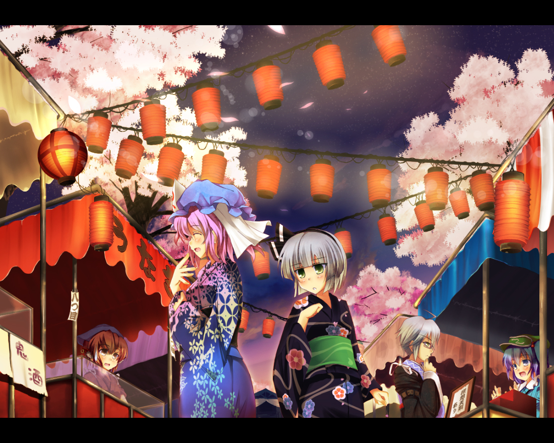 nekomushi, kawashiro nitori, konpaku youmu, morichika rinnosuke, mystia lorelei, okamisty, saigyouji yuyuko, touhou, commentary, 1boy, 4girls, black headscarf, cherry blossoms, earrings, festival, food stand, hairband, hat, headscarf, japanese clothes, jewelry, kimono, lantern, letterboxed, multiple girls, night, paper lantern, shippou (pattern)