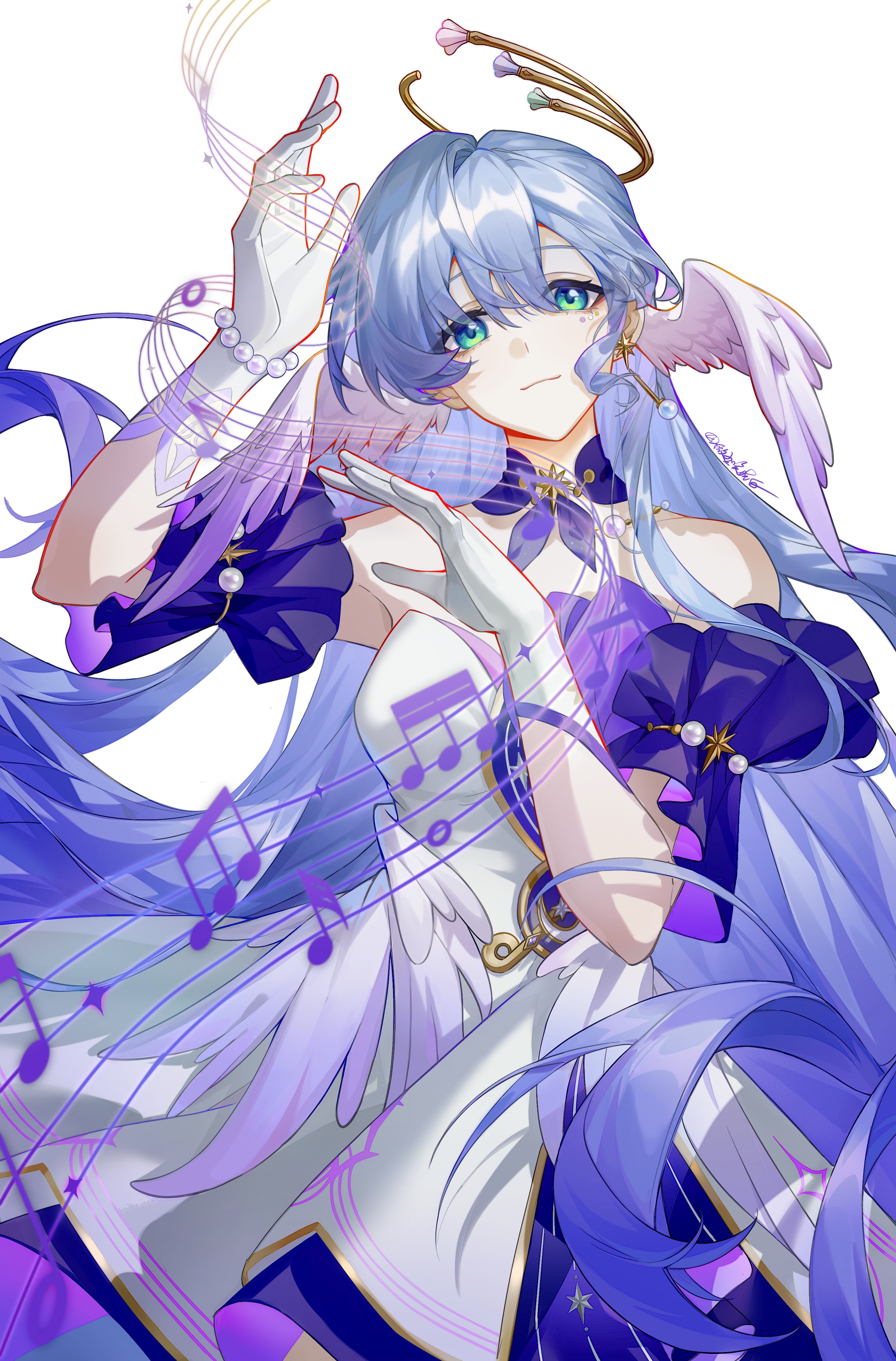 weichenhuanxiaobai, robin (honkai: star rail), honkai: star rail, honkai (series), absurdres, chinese commentary, commentary request, highres, 1girl, artist name, bare shoulders, beads, beamed eighth notes, blue eyes, blue hair, bracelet, detached sleeves, dress, earrings, eighth note, gloves, green eyes, hair between eyes, halo, head wings, jewelry, long hair, looking at viewer, musical note, purple hair, simple background, single earring, smile, solo, very long hair, white background, white dress, white gloves, wings
