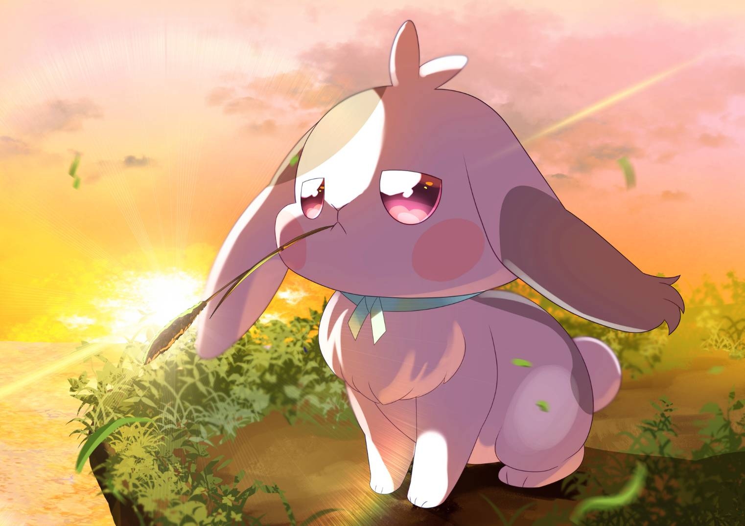 omega takai, toyama daifuku, toyama daifuku (rabbit), precure, wonderful precure!, commentary request, animal focus, blue ribbon, cliff, full body, jitome, mouth hold, neck ribbon, no humans, outdoors, pink eyes, ribbon, solo, stalk in mouth, sunset