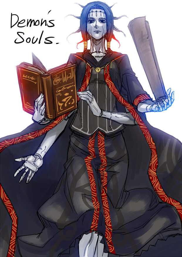 tetsu (kimuchi), fool's idol, demon's souls, fromsoftware, 1girl, black eyes, black hair, blue hair, book, cape, colored skin, dress, extra arms, female focus, grey skin, long hair, multi limb, scroll, short hair, simple background, skirt, solo, tiara, white background, white skin