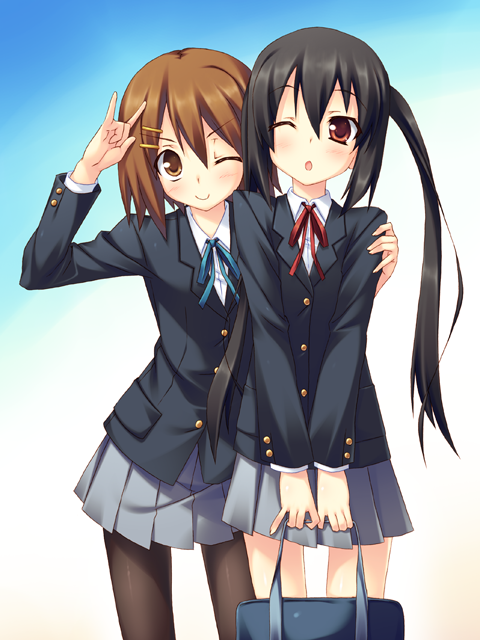kazushiki midori, hirasawa yui, nakano azusa, k-on!, arm grab, 2girls, m/, bag, blazer, blush, female focus, holding, jacket, multiple girls, neck ribbon, one eye closed, pantyhose, red ribbon, ribbon, school bag, school uniform, twintails, wink, yuri