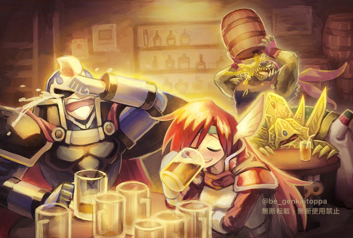 sakakai toppa, alhazad (wild arms), belselk (wild arms), elmina niet, lady harken, zeikfried (wild arms), wild arms, wild arms 1, commentary request, 1girl, 3boys, alcohol, armor, beer, brown hair, cape, claws, drinking, gloves, helmet, long hair, monster boy, multiple boys, open mouth, red armor, smile