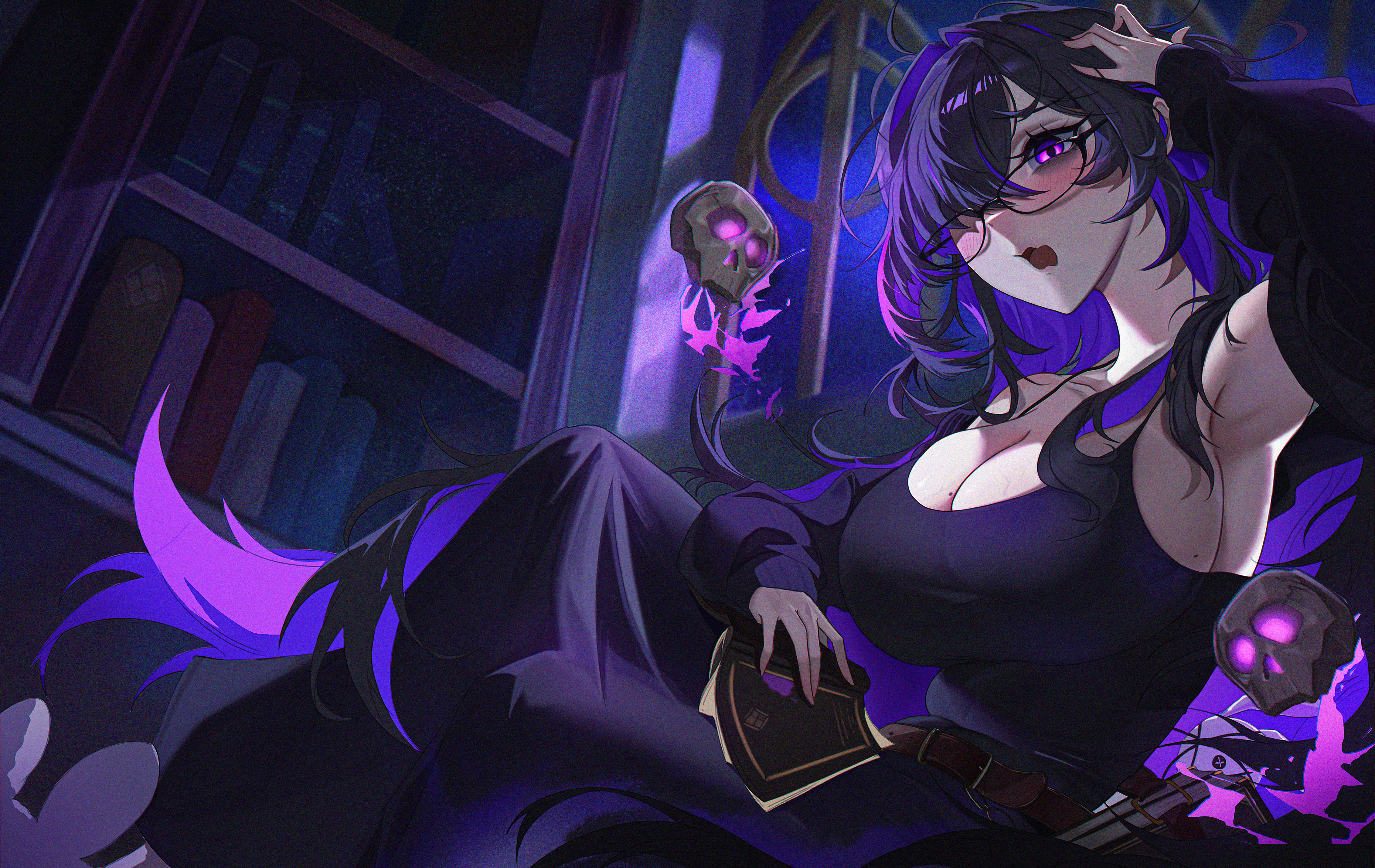 oreoqwq, label (nikke), goddess of victory: nikke, absurdres, chinese commentary, commentary, highres, 1girl, armpits, belt, black-framed eyewear, black dress, black hair, blush, book, breasts, brown belt, cleavage, colored inner hair, dress, glasses, hand on own head, holding, holding book, large breasts, looking at viewer, mole, mole on breast, multicolored hair, open mouth, purple eyes, purple hair, solo