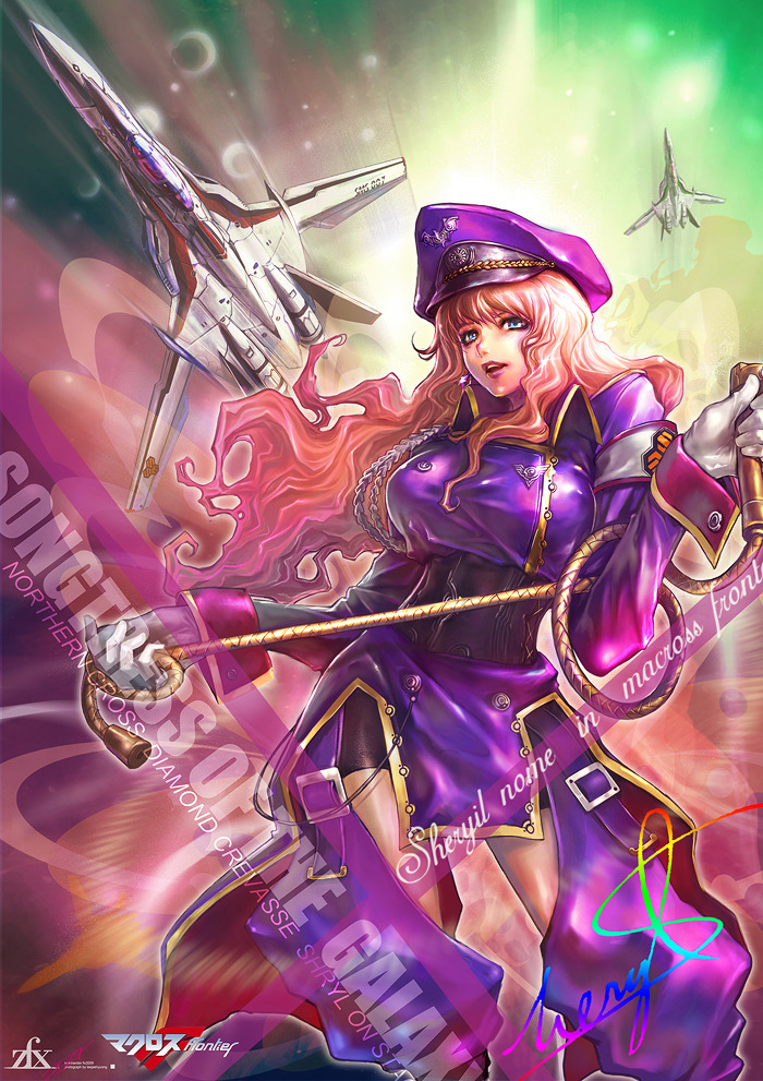 jay b lee, sheryl nome, vf-25, macross, macross frontier, 1girl, blonde hair, blue eyes, breasts, corset, earrings, gloves, hat, jewelry, large breasts, long hair, mecha, peaked cap, robot, single earring, space, whip