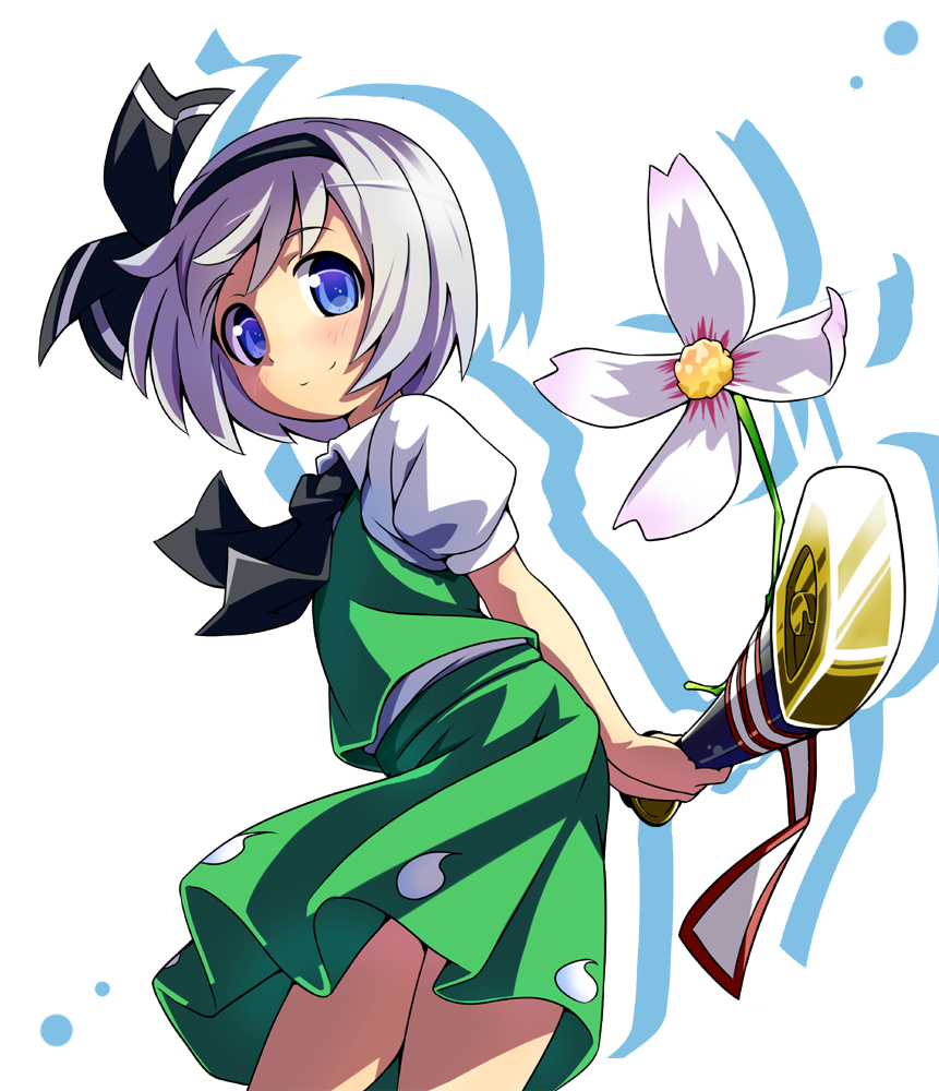 sankuro (agoitei), konpaku youmu, touhou, silver hair, 1girl, arms behind back, blue eyes, blush, female focus, flower, hairband, katana, looking at viewer, profile, short hair, simple background, smile, solo, sword, weapon