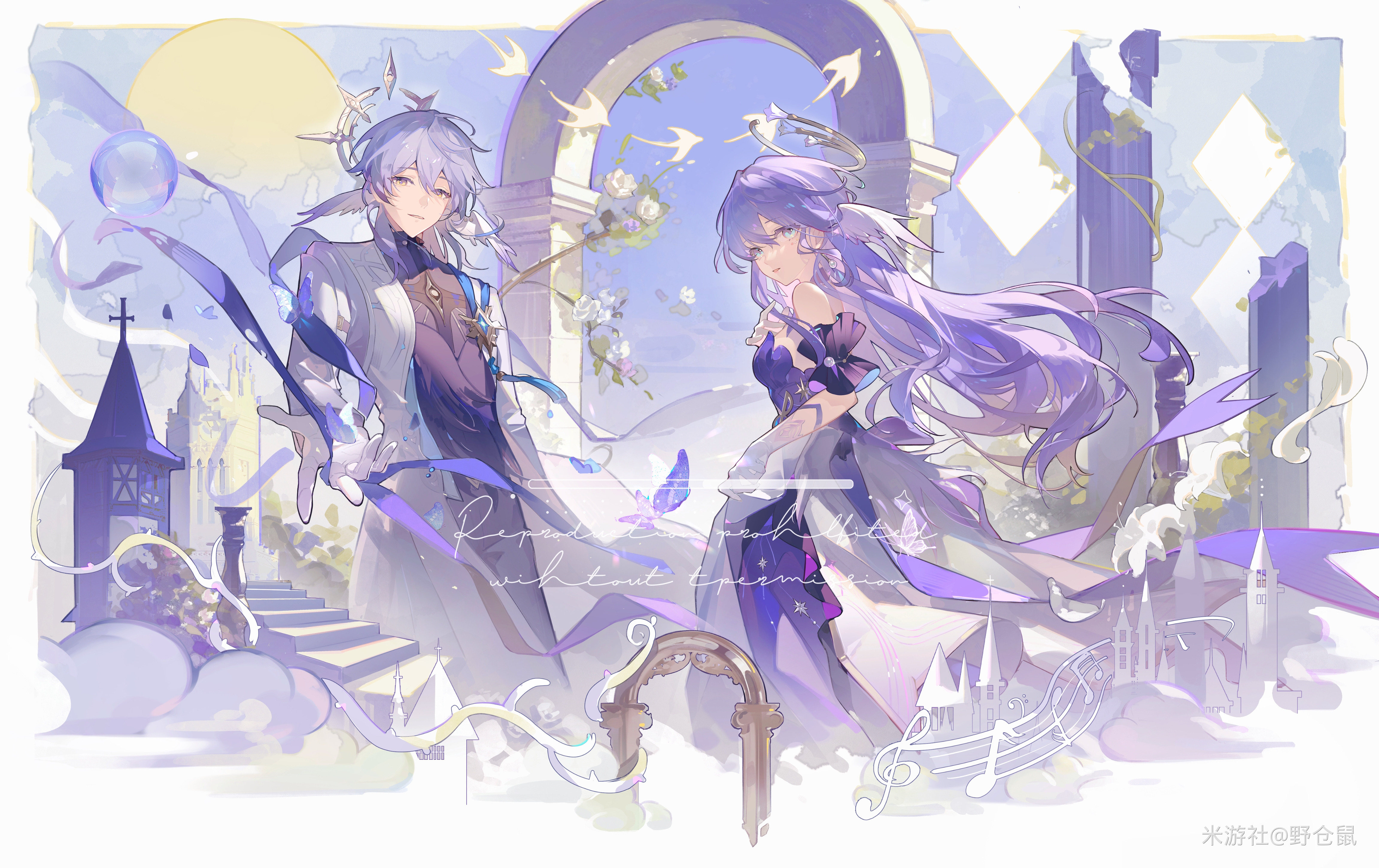 yecangshu, robin (honkai: star rail), sunday (honkai: star rail), honkai: star rail, honkai (series), absurdres, chinese commentary, commentary request, highres, 1boy, 1girl, bare shoulders, bird, blue eyes, breasts, bug, butterfly, coat, detached sleeves, dress, elbow gloves, flower, from side, gloves, hair between eyes, halo, head wings, insect, long hair, long sleeves, looking at viewer, official alternate costume, purple dress, purple eyes, purple hair, strapless, very long hair, white gloves, wings