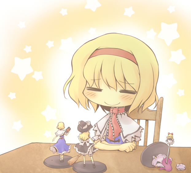 nekoguruma, alice margatroid, kirisame marisa, patchouli knowledge, shanghai doll, touhou, 1girl, = =, blonde hair, blush, female focus, figure, sitting, smile, solo, star (symbol), wide face