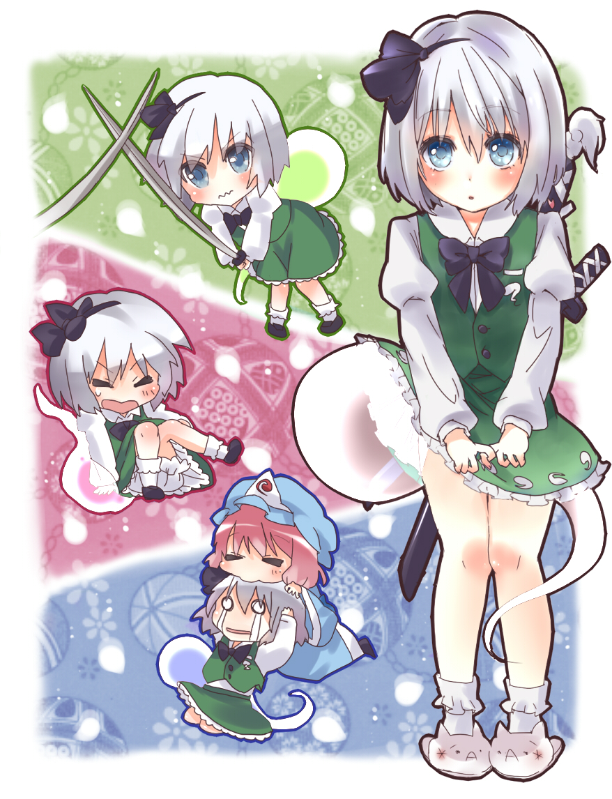 dreamchips, konpaku youmu, konpaku youmu (ghost), saigyouji yuyuko, touhou, silver hair, 2girls, biting, blue eyes, female focus, ghost, hairband, hat, head biting, katana, multiple girls, multiple views, short hair, skirt, slippers, sword, tears, weapon