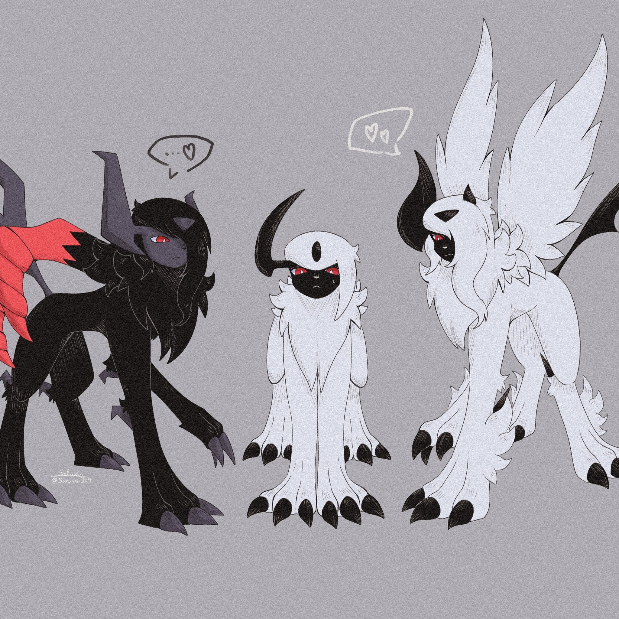 soruva 359, absol, mega absol, mega absol z, nintendo, pokemon, …, bright pupils, claws, feathered wings, gen 3 pokemon, grey background, heart, horns, mega pokemon, no humans, pokemon (creature), pokemon focus, red eyes, simple background, single horn, twitter username, white pupils, wings