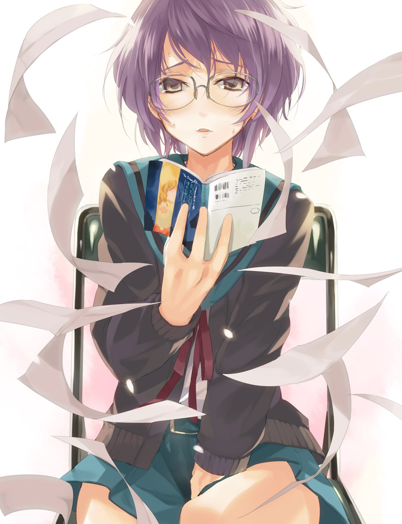 kabocha, kabocha (monkey4), nagato yuki, suzumiya haruhi no yuuutsu, 1girl, book, cardigan, chair, female focus, female masturbation, gradient background, masturbation, purple hair, school uniform, serafuku, short hair, solo, sweat, white background, wind