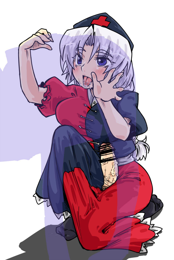 seki (red shine), reisen udongein inaba, yagokoro eirin, touhou, silver hair, 1futa, bar censor, blue eyes, braid, censored, futa with female, futanari, hat, long hair, oral, penis, solo focus