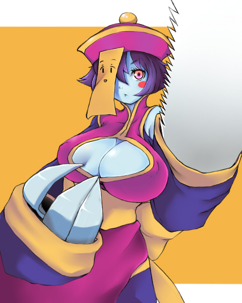 ginji74, hsien-ko, mei-ling (darkstalkers), capcom, darkstalkers, bad id, bad pixiv id, 1girl, blue hair, blue skin, breasts, chinese clothes, claws, cleavage cutout, clothing cutout, colored skin, female focus, flipped hair, hat, jiangshi, large breasts, ofuda, qingdai guanmao, red eyes, saw, short hair, solo, weapon, zombie