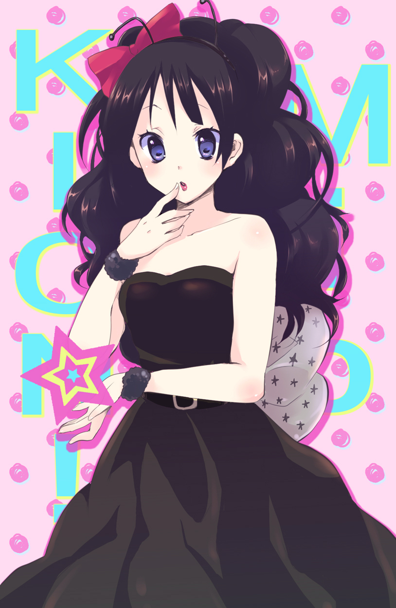 gucchiann, akiyama mio, k-on!, listen!!, bad id, bad pixiv id, highres, 1girl, antennae, bare shoulders, black hair, bow, female focus, hair bow, lipstick, makeup, open m/, solo, wings