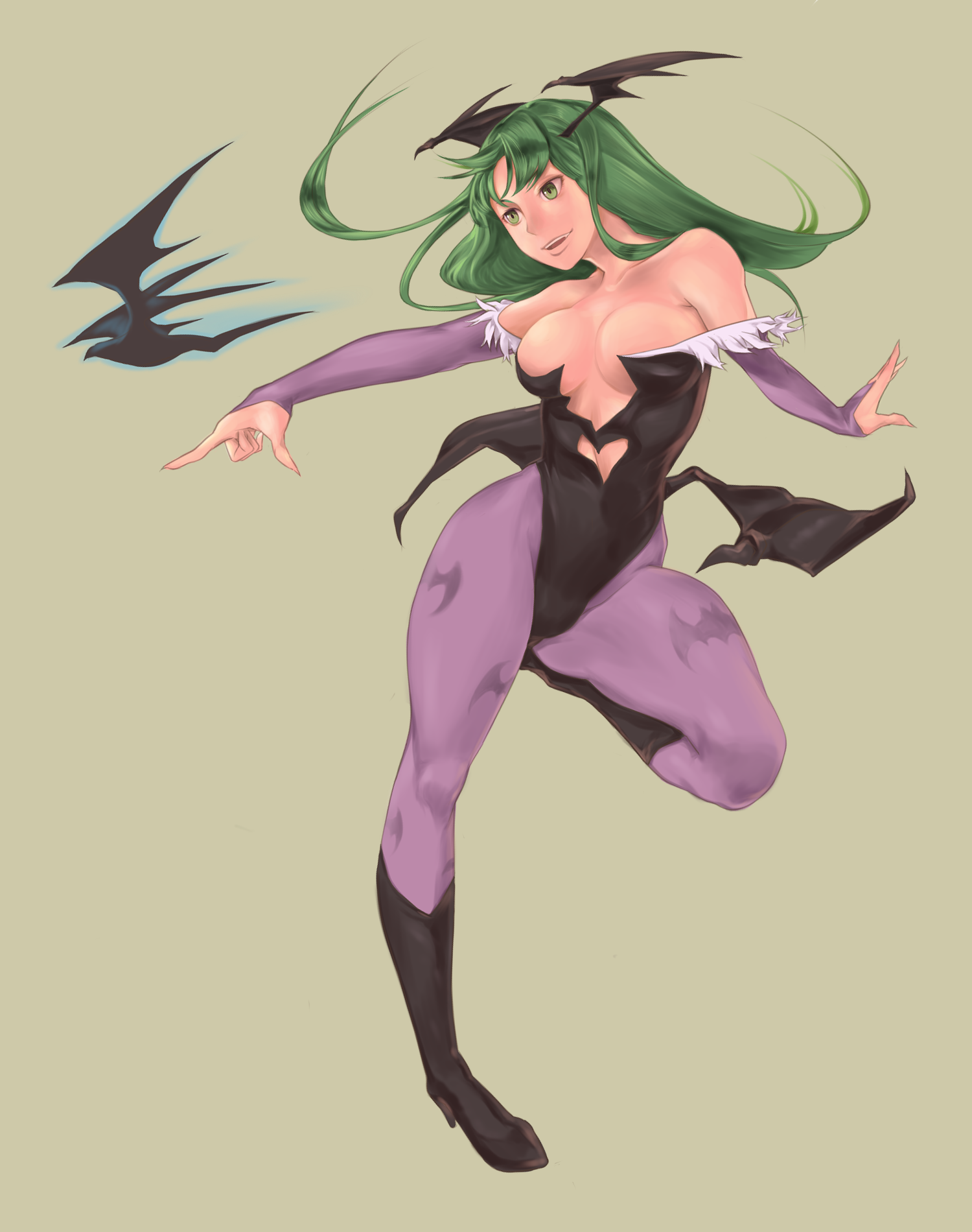 ultra00, morrigan aensland, capcom, darkstalkers, bad id, bad pixiv id, highres, 1girl, animal print, bare shoulders, bat (animal), bat print, bat wings, boots, breasts, cleavage, demon girl, elbow gloves, fangs, feathers, female focus, fingerless gloves, gloves, green eyes, green hair, head wings, hip focus, large breasts, leotard, long hair, matching hair/eyes, pantyhose, print pantyhose, solo, wide hips, wings