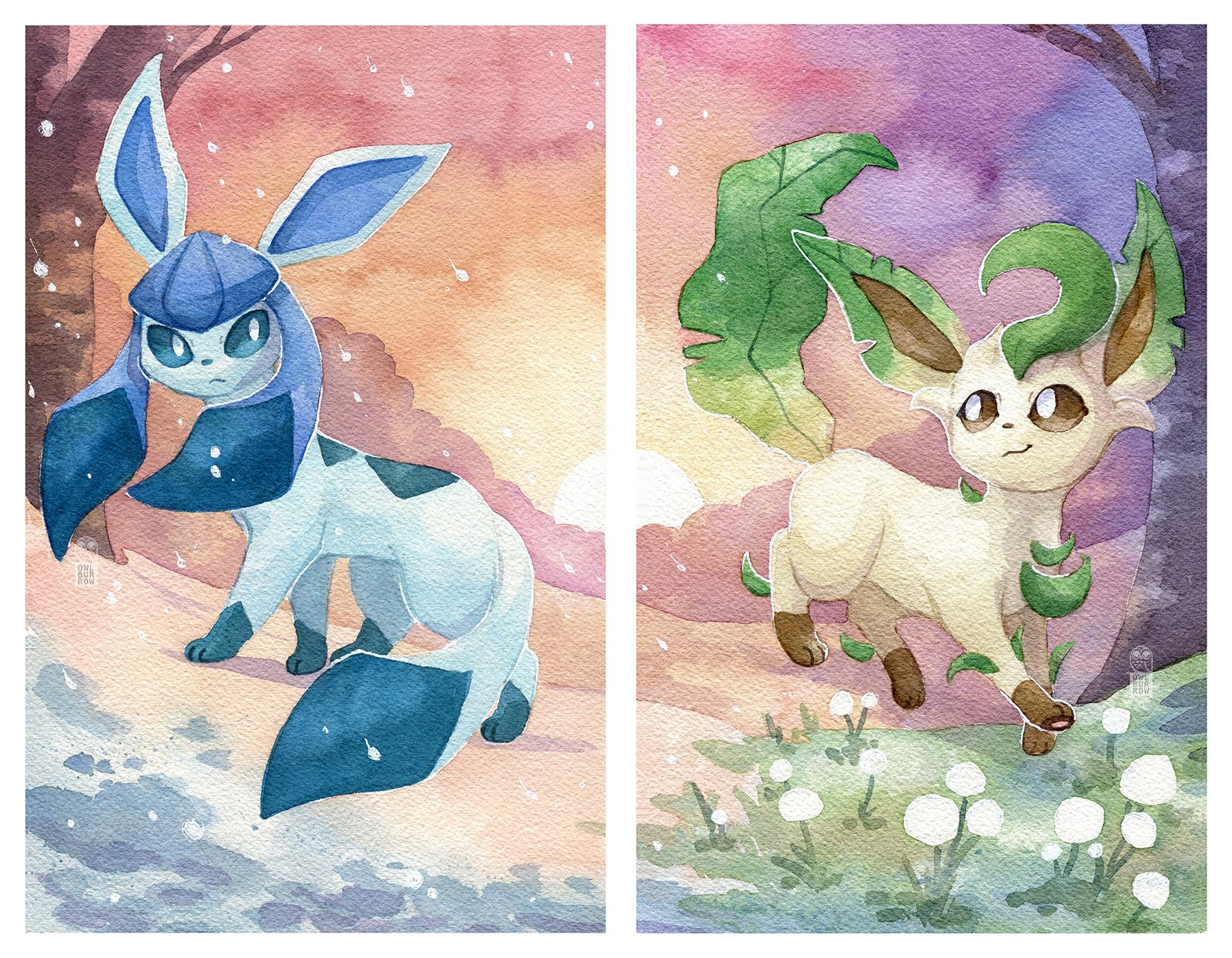 trulyavaporeon, glaceon, leafeon, nintendo, pokemon, commentary, english commentary, highres, painting (medium), traditional media, blue eyes, bright pupils, brown eyes, closed mouth, flower, gen 4 pokemon, no humans, pokemon (creature), pokemon focus, snow, snowing, sunset, tree, white pupils