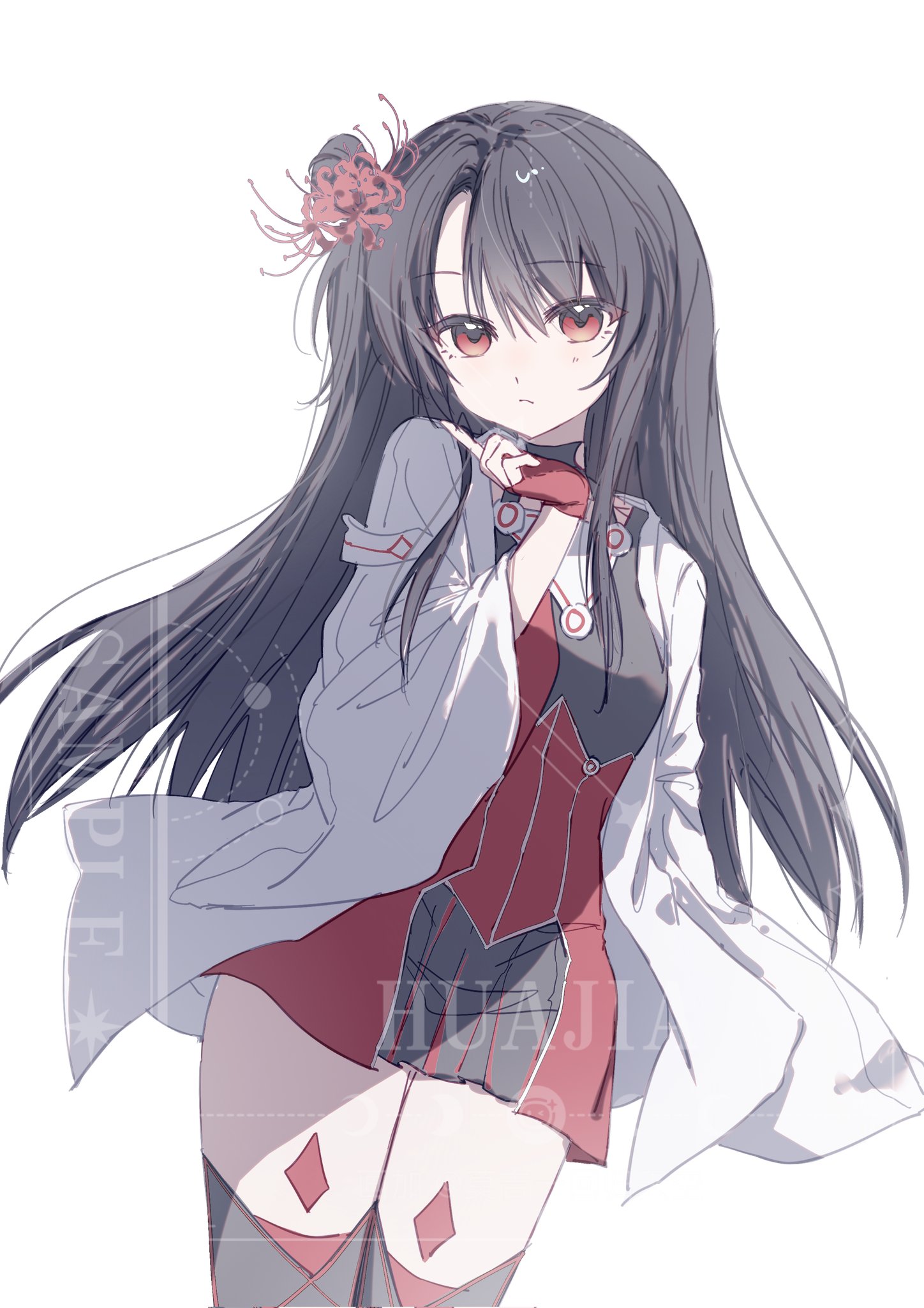 koori chikage, nogi wakaba wa yuusha de aru, yuusha de aru, commentary request, highres, 1girl, black dress, black hair, black thighhighs, closed mouth, dress, fingerless gloves, flower, gloves, hair bun, hair flower, hair ornament, hand up, jacket, long hair, long sleeves, looking at viewer, moji282133241, open clothes, red dress, red eyes, red flower, red gloves, sample watermark, short dress, simple background, solo, spider lily, thighhighs, watermark, white background, white jacket, wide sleeves