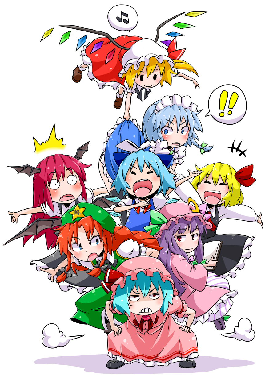 aono3, cirno, flandre scarlet, hong meiling, izayoi sakuya, koakuma, patchouli knowledge, remilia scarlet, rumia, embodiment of scarlet devil, touhou, fume, highres, !, !!, 6+girls, ^^^, angry, blonde hair, chibi, hat, human tower, multiple girls, musical note, open mouth, red eyes, ribbon, simple background, stacking, white background