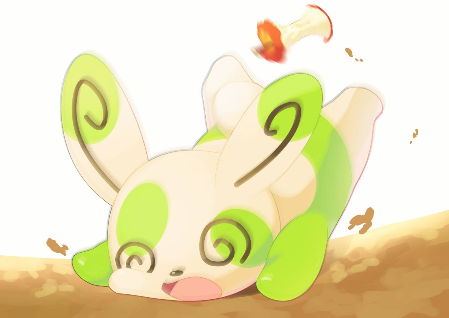 omega takai, spinda, nintendo, pokemon, commentary request, @ @, alternate color, apple, apple core, food, fruit, full body, gen 3 pokemon, leftovers (pokemon), no humans, open mouth, pokemon (creature), shiny pokemon, simple background, solo, spiral-only eyes, tripping, white background