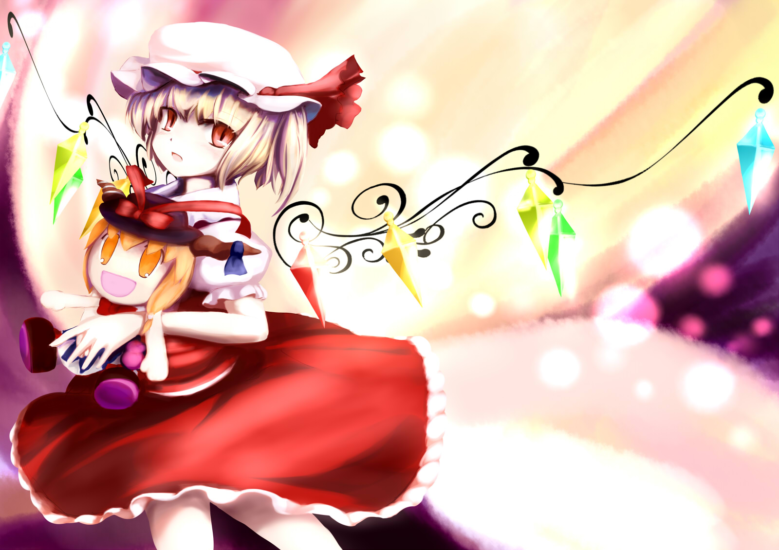 tsubasa (abchipika), flandre scarlet, ibuki suika, nagae iku, touhou, highres, 1girl, blonde hair, character doll, doll, female focus, hat, headwear switch, holding, ponytail, red eyes, short hair, side ponytail, solo, wings